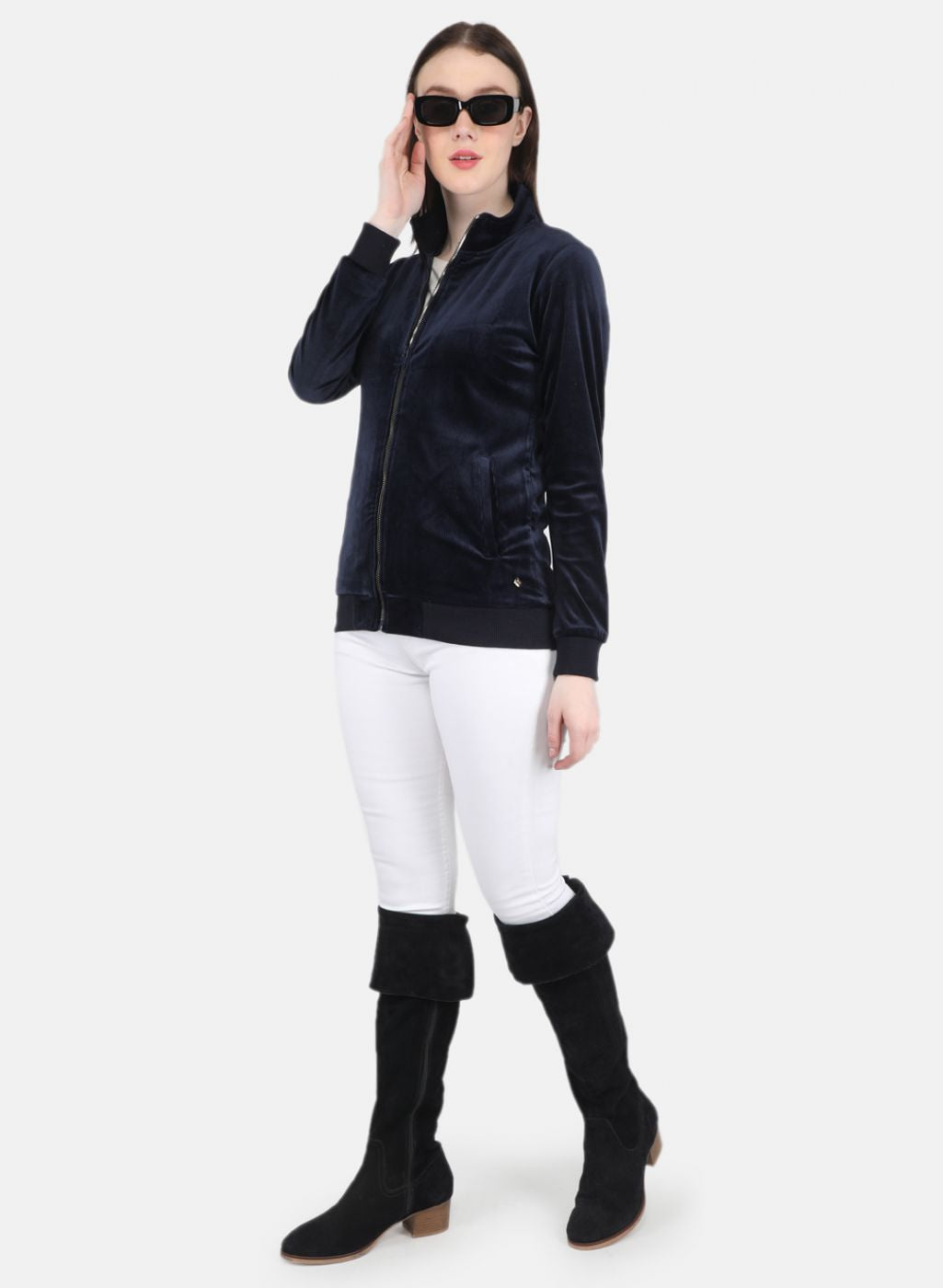 Women NAvy Blue Self Design Sweatshirt