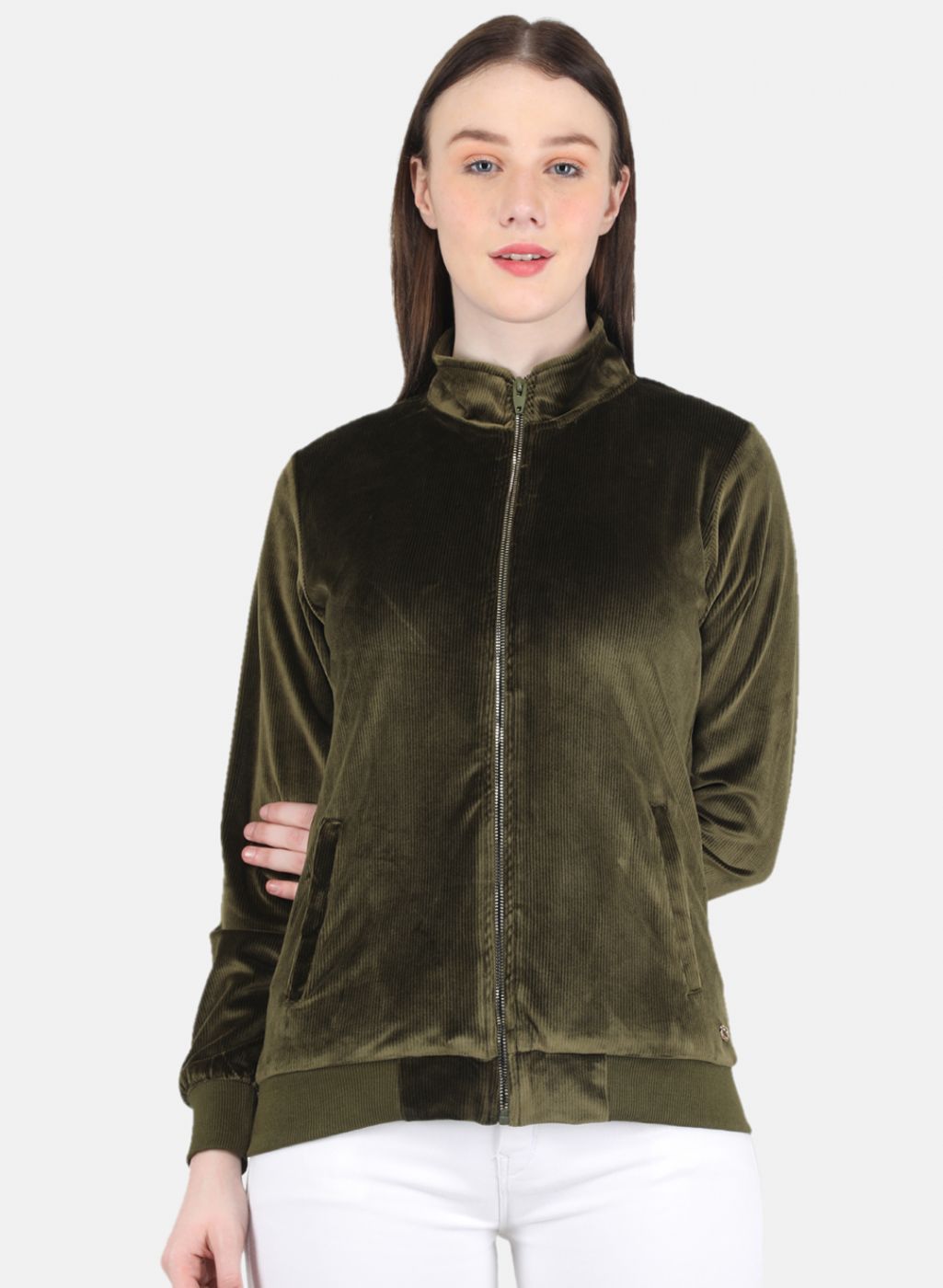 Women Olive Self Design Sweatshirt