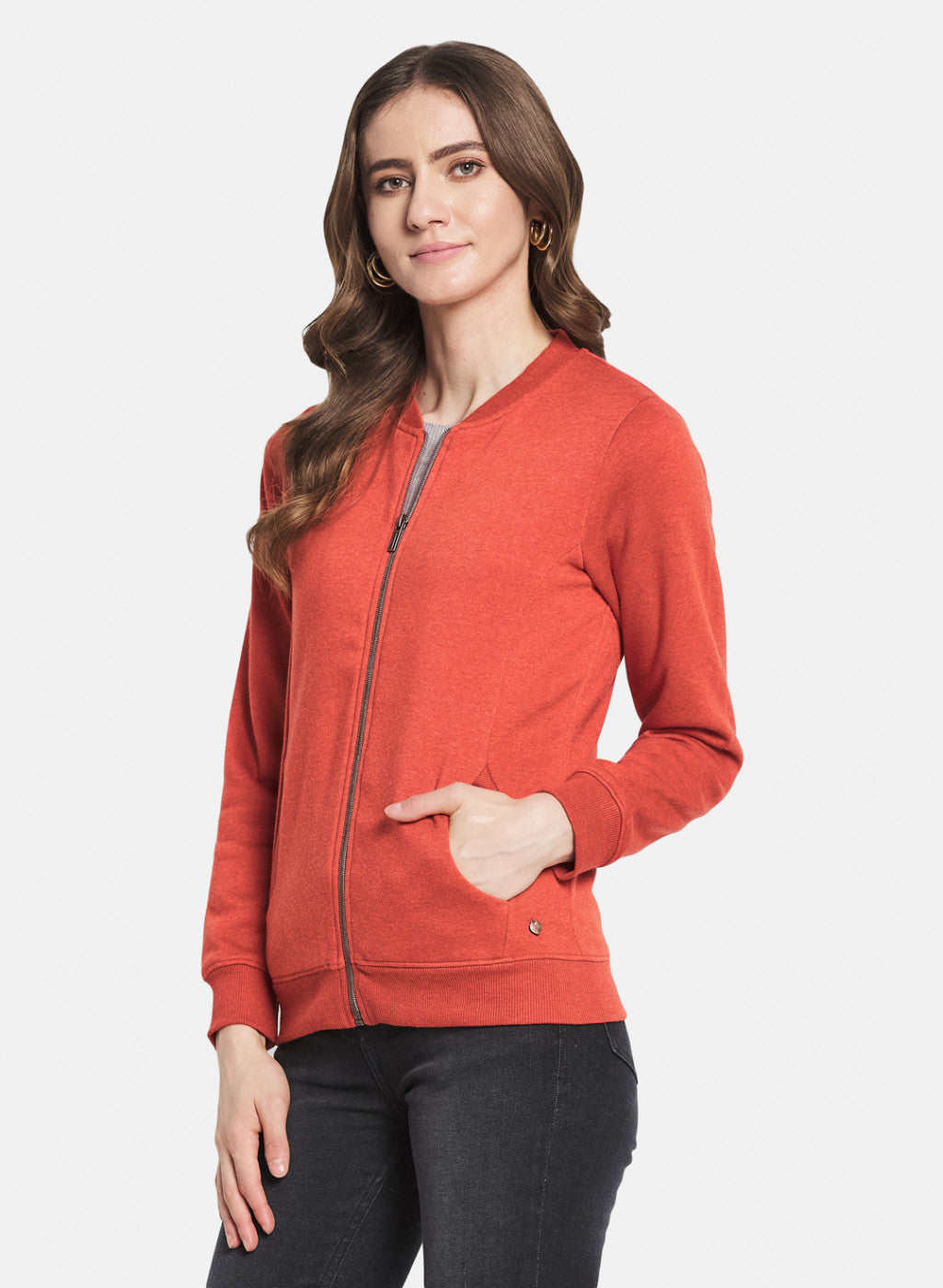 Women Rust Orange Solid Sweatshirt