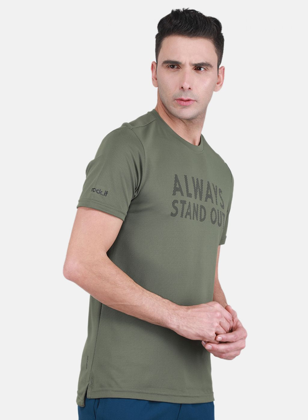 Rock.it Men Olive Self Design T-Shirt