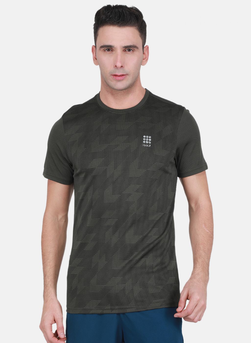 Rock.it Men Olive Self Design T-Shirt