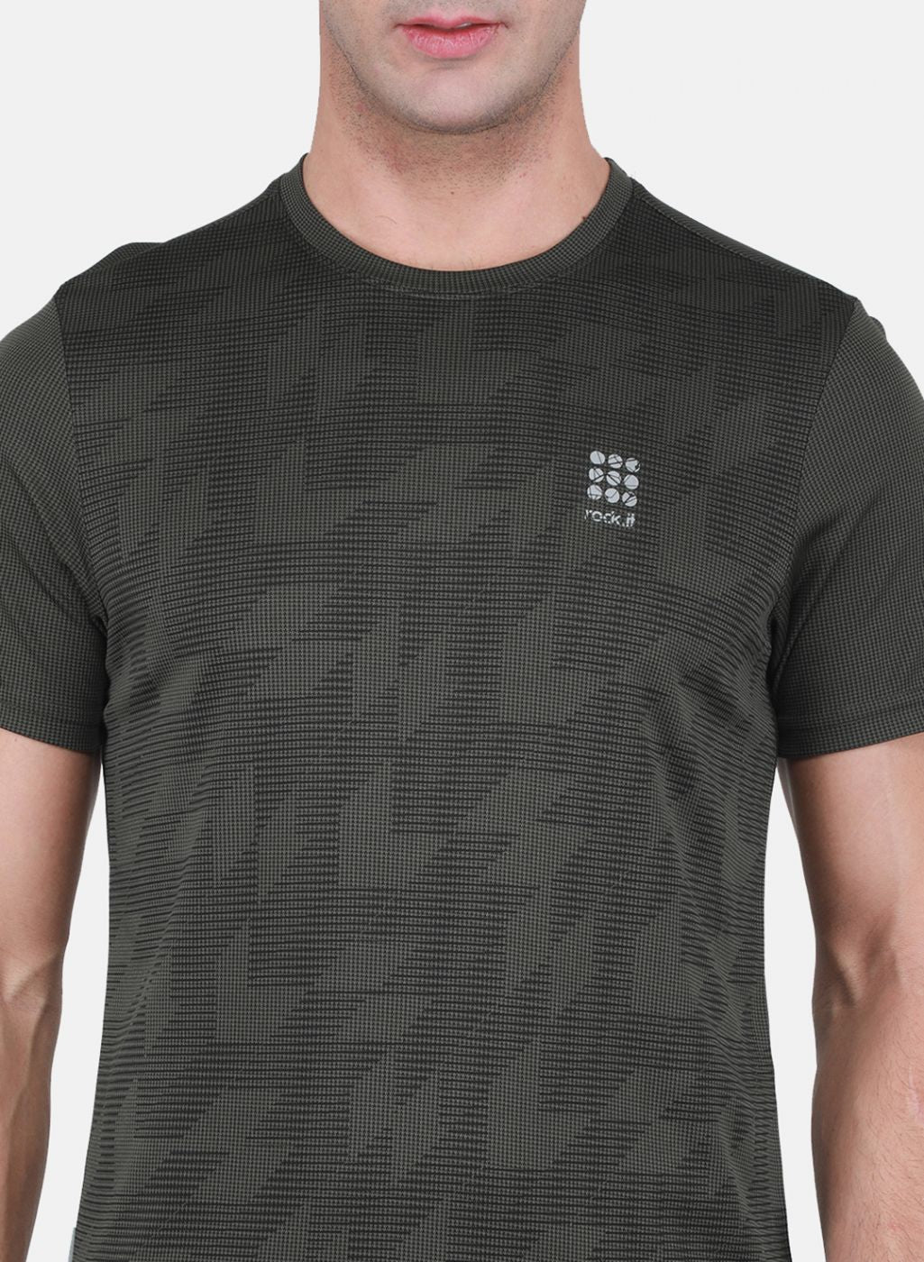 Rock.it Men Olive Self Design T-Shirt
