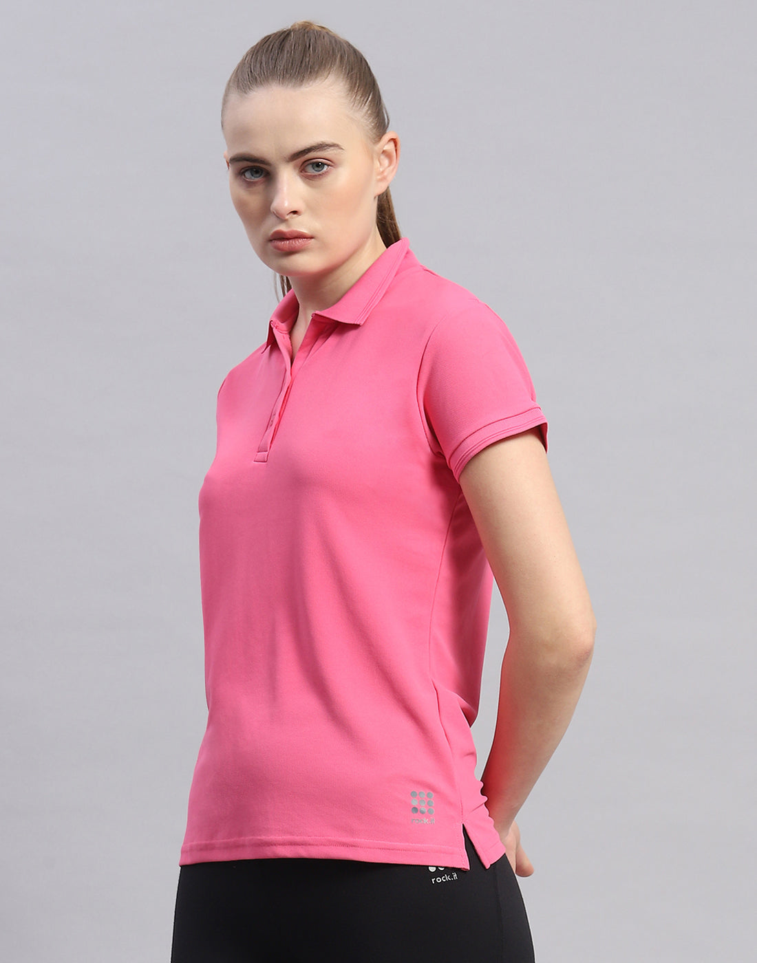 Rock.it Women Pink Solid Polo Collar Half Sleeve T-Shirt