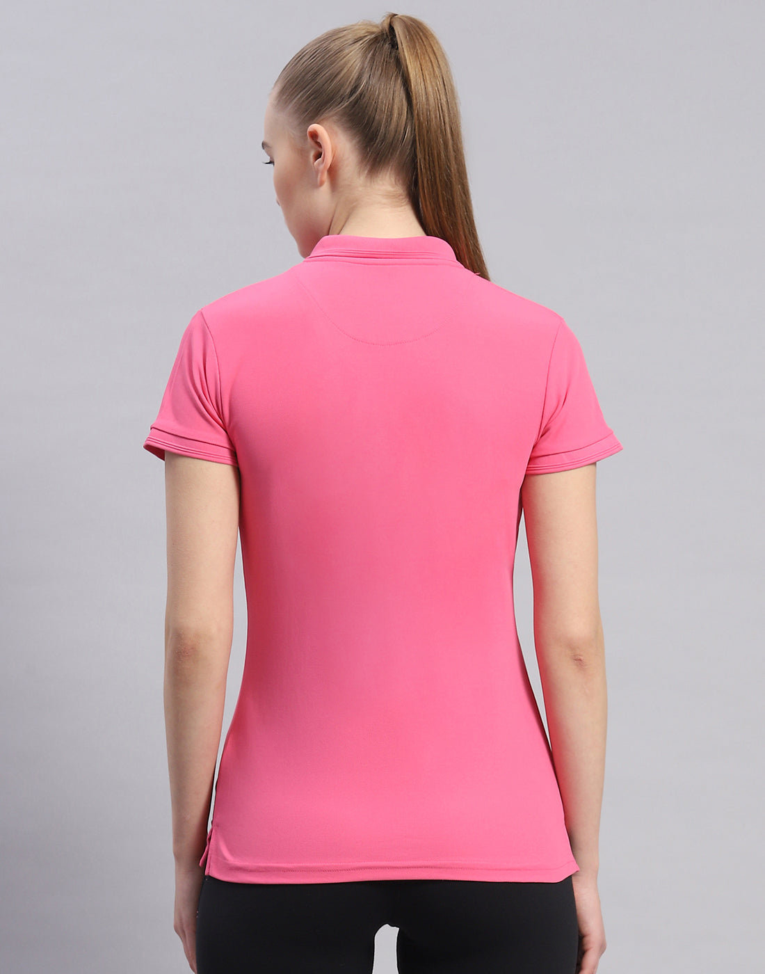 Women Pink Solid Polo Collar Half Sleeve T-Shirt