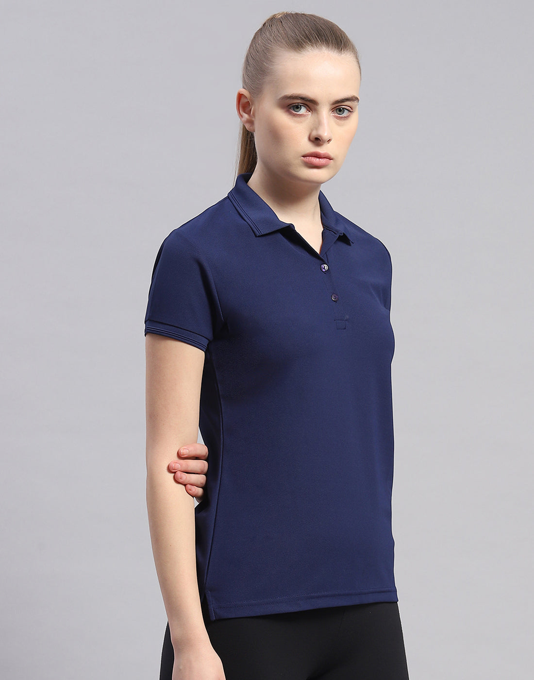 Rock.it Women Navy Blue Solid Polo Collar Half Sleeve T-Shirt