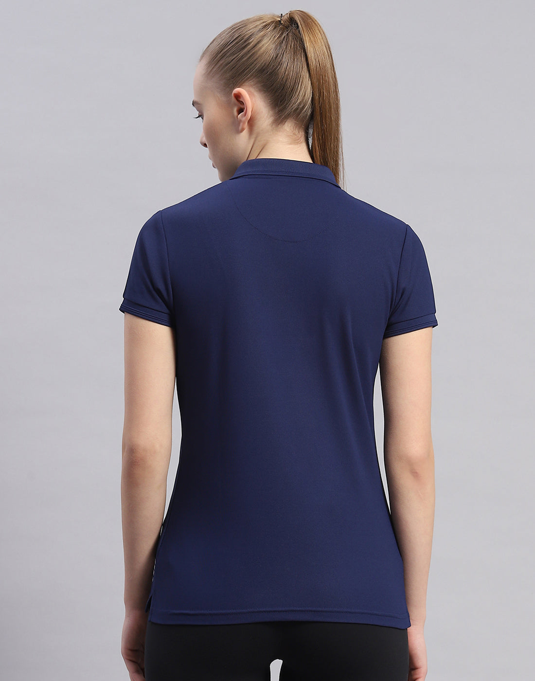 Women Navy Blue Solid Polo Collar Half Sleeve T-Shirt