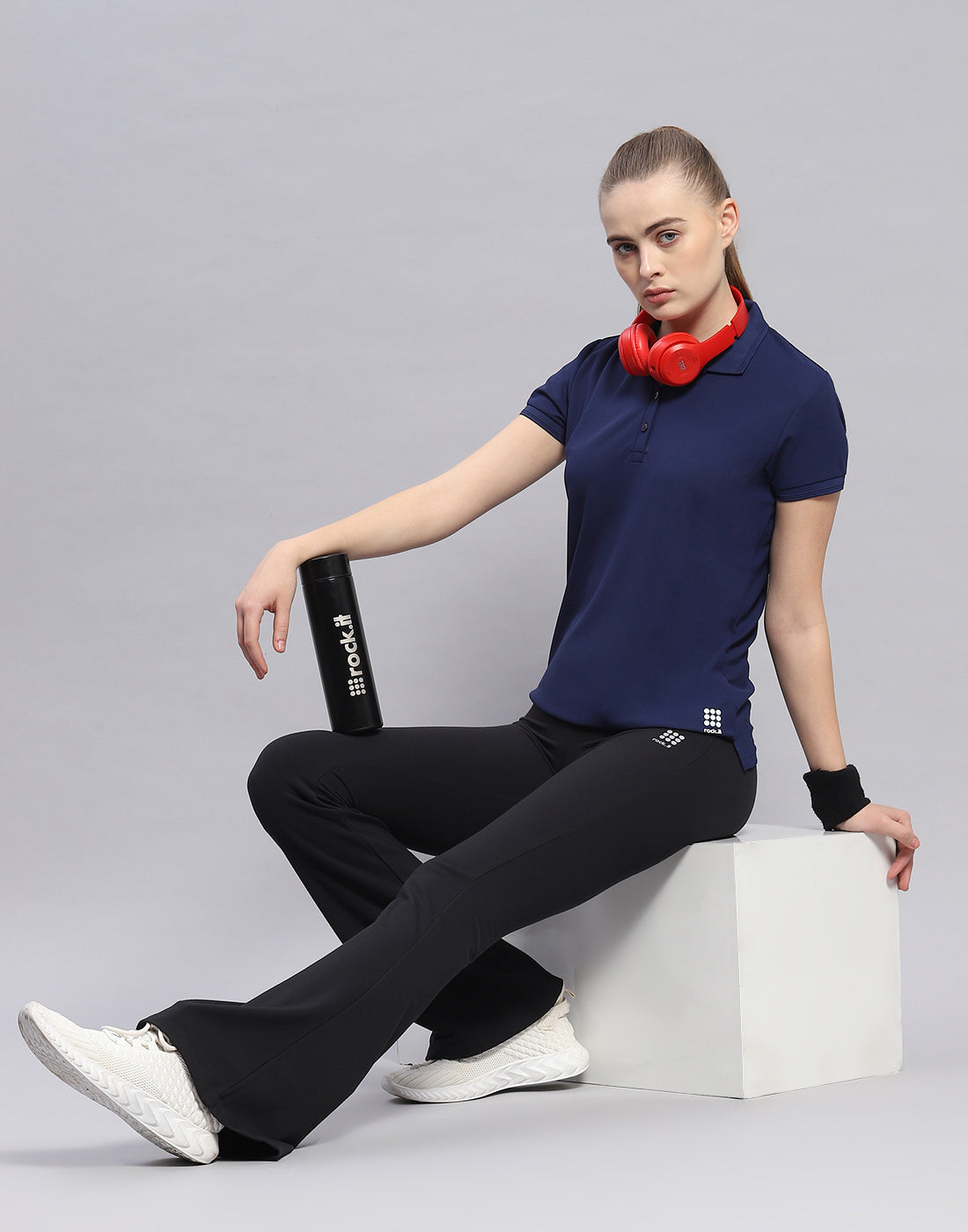 Rock.it Women Navy Blue Solid Polo Collar Half Sleeve T-Shirt