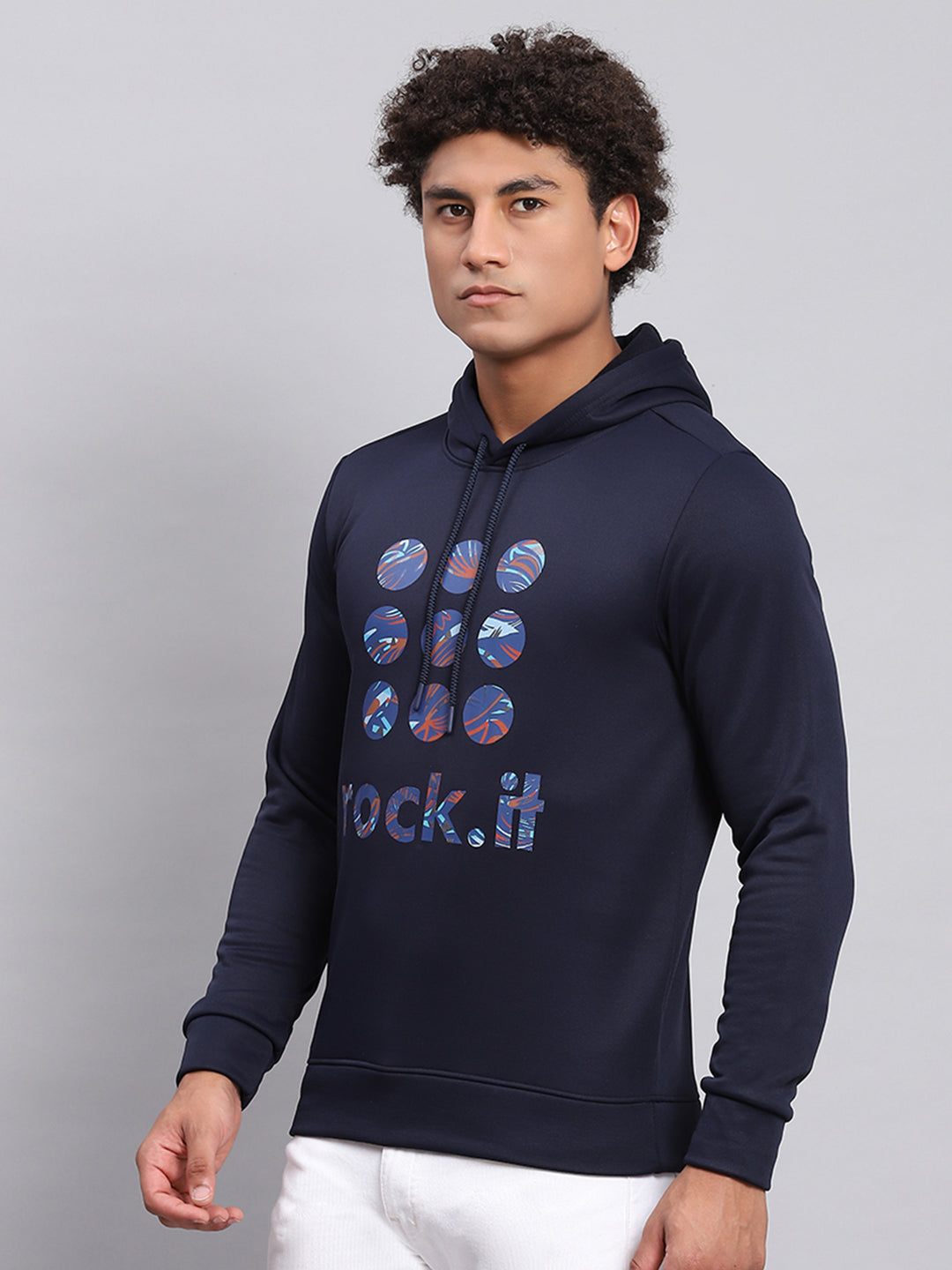 Rock.it Men Navy Blue Printed Hooded Full Sleeve Sweatshirt