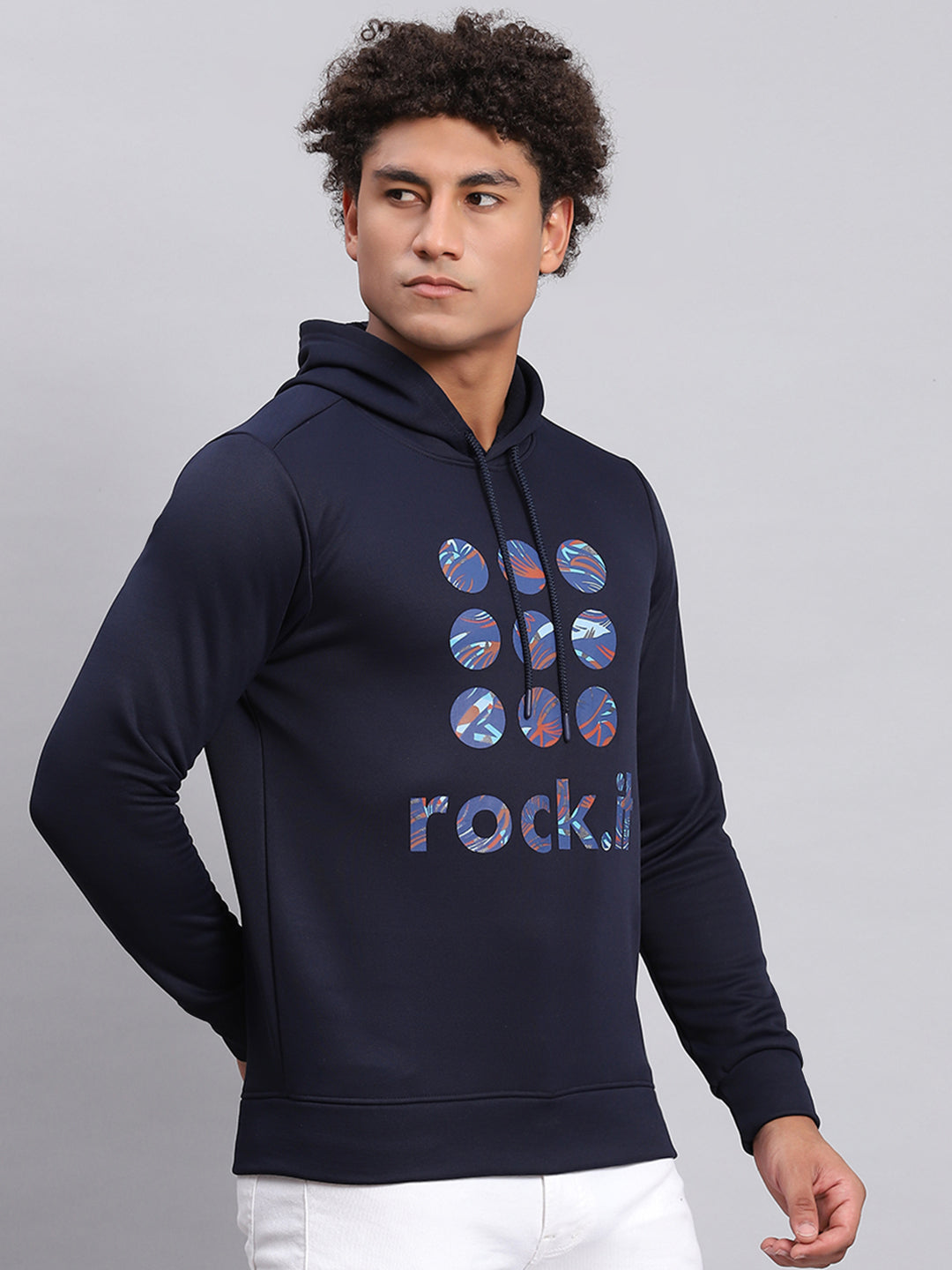 Rock.it Men Navy Blue Printed Hooded Full Sleeve Sweatshirt
