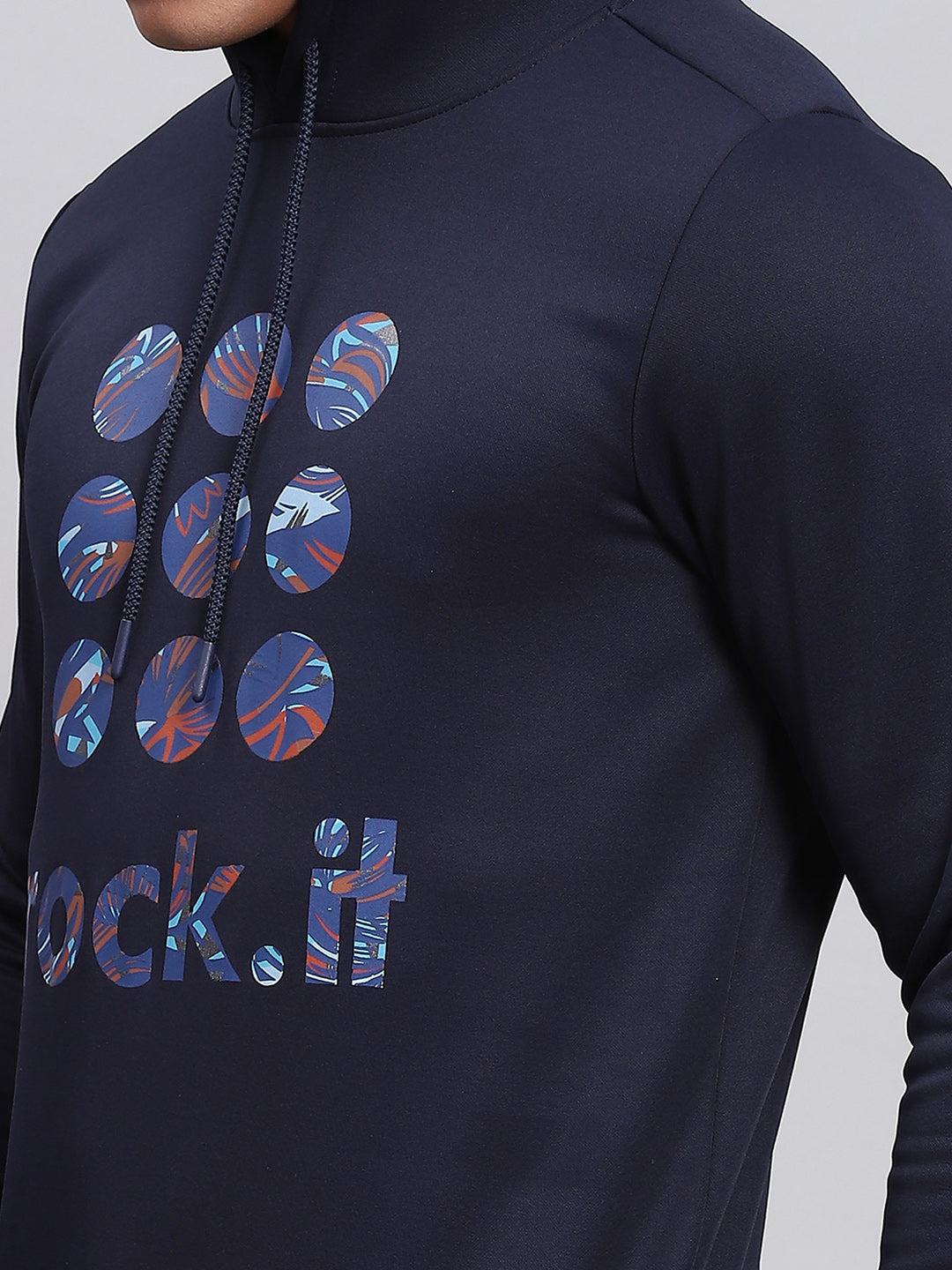 Rock.it Men Navy Blue Printed Hooded Full Sleeve Sweatshirt