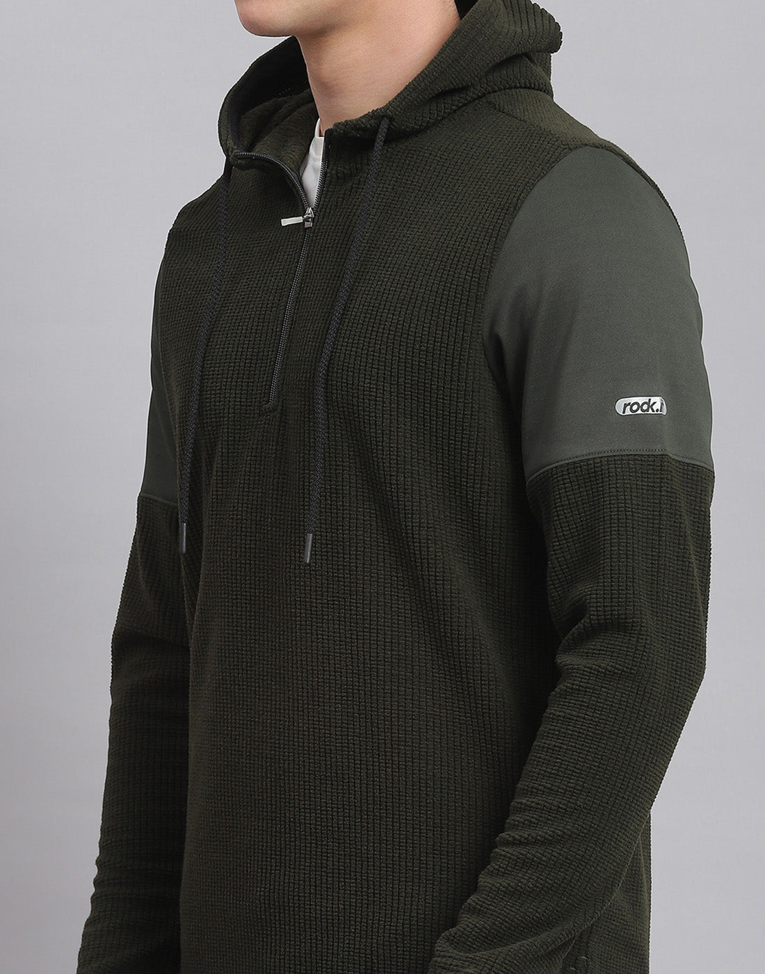 Rock.it Men Olive Solid Hooded Full Sleeve Sweatshirt