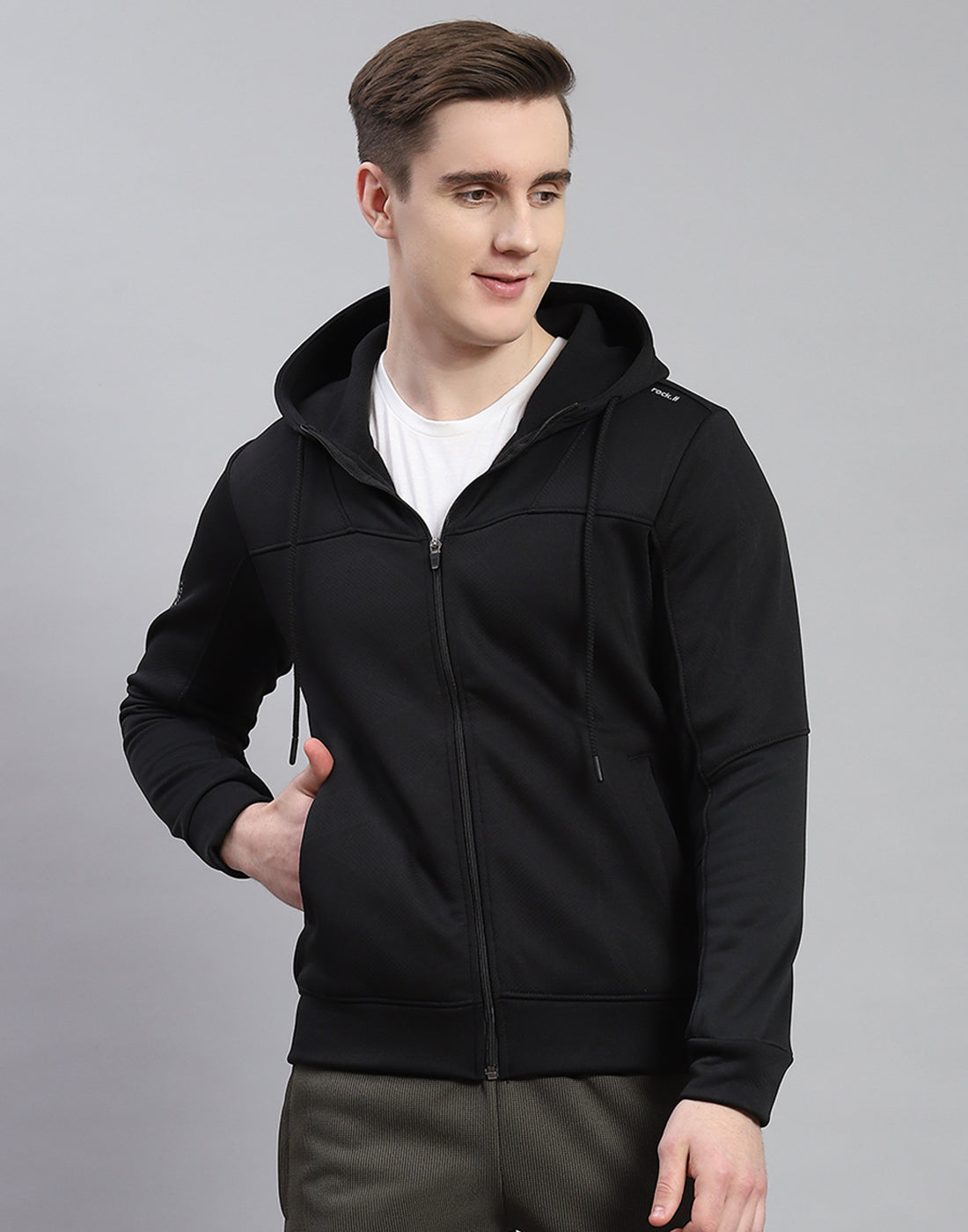 Rock.it Men Black Self Design Hooded Full Sleeve Sweatshirt
