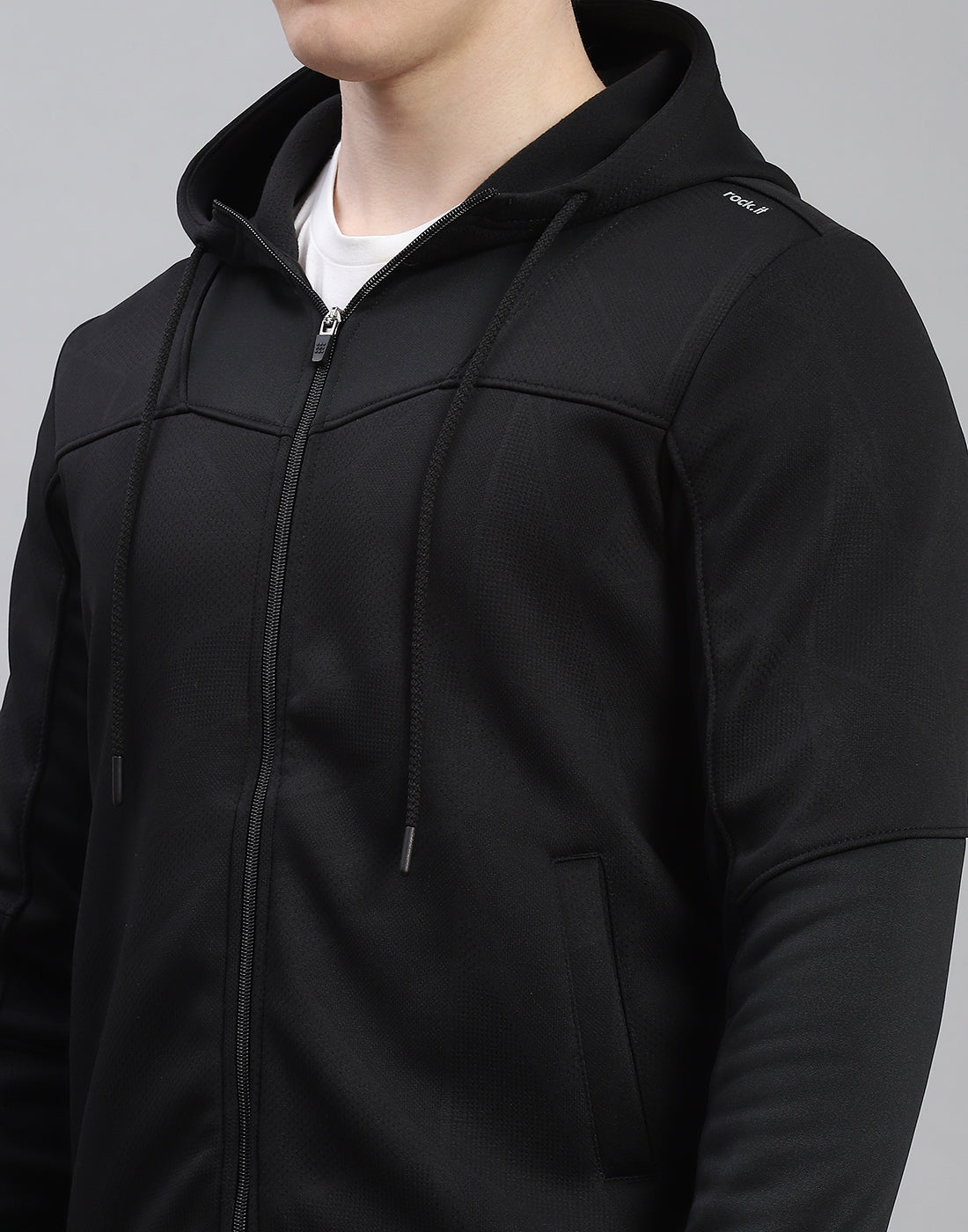 Rock.it Men Black Self Design Hooded Full Sleeve Sweatshirt