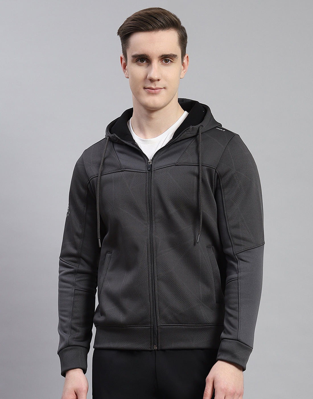 Rock.it Men Grey Self Design Hooded Full Sleeve Sweatshirt