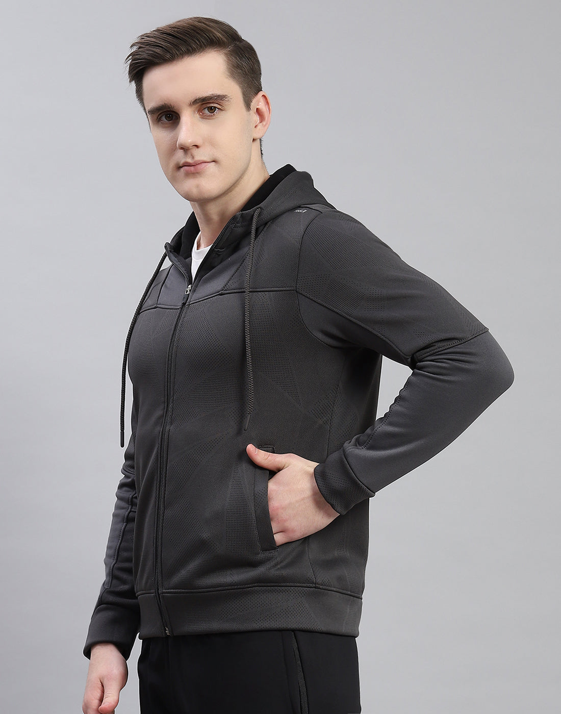 Rock.it Men Grey Self Design Hooded Full Sleeve Sweatshirt