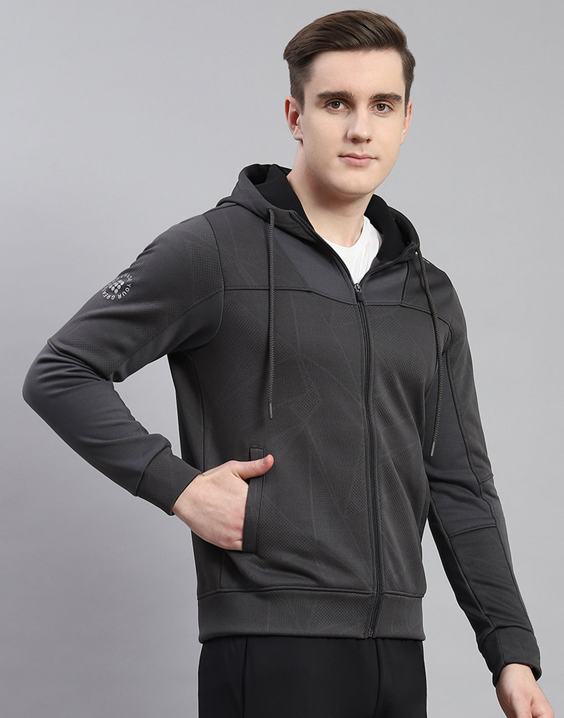 Rock.it Men Grey Self Design Hooded Full Sleeve Sweatshirt