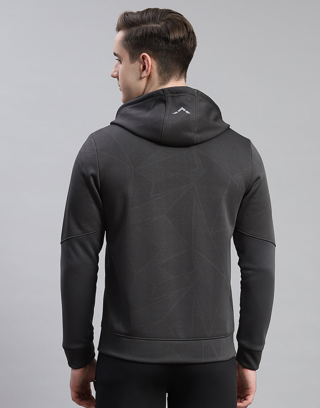 Men Grey Self Design Hooded Full Sleeve Sweatshirt