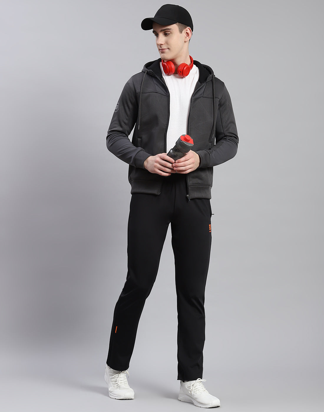 Rock.it Men Grey Self Design Hooded Full Sleeve Sweatshirt