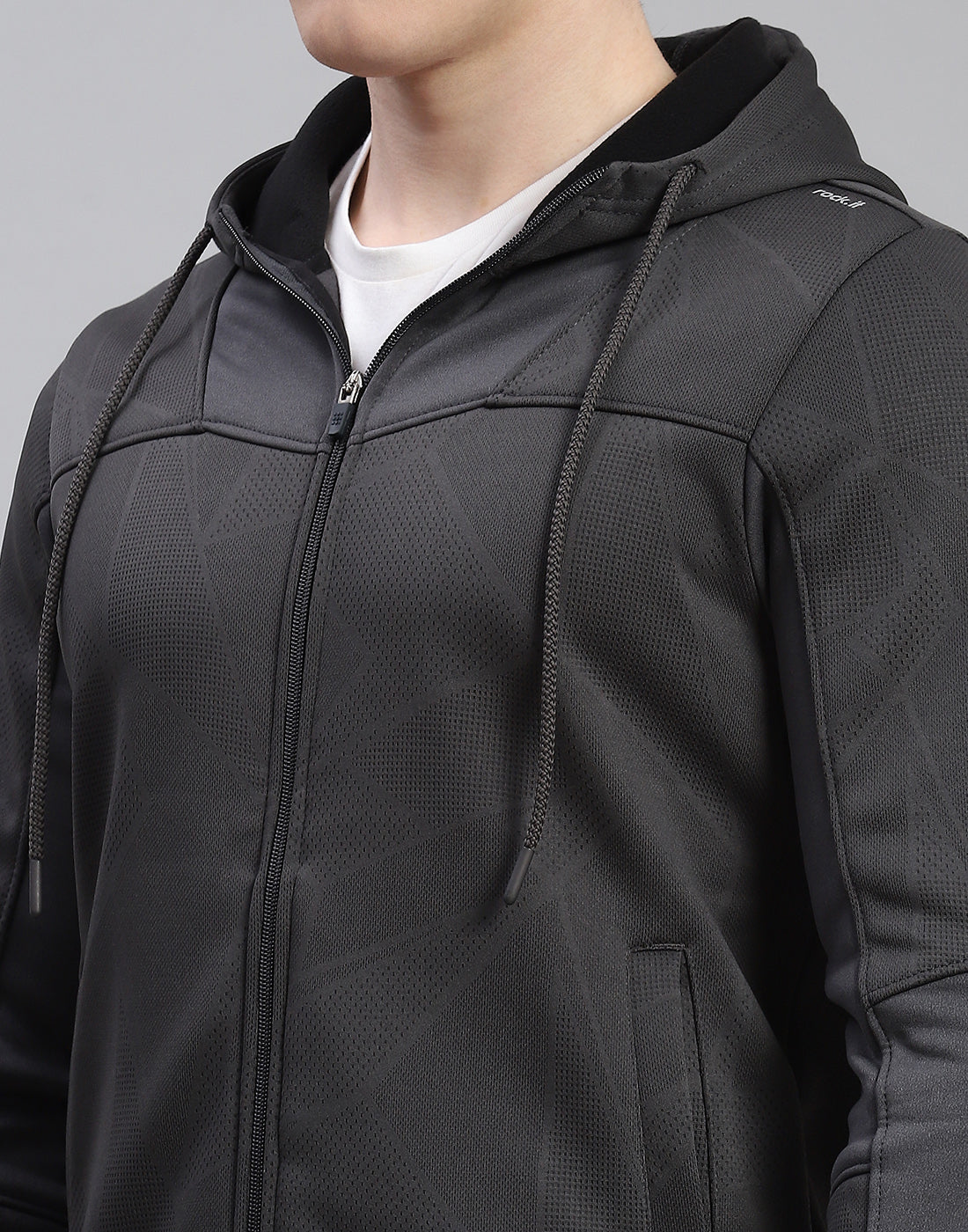 Men Grey Self Design Hooded Full Sleeve Sweatshirt