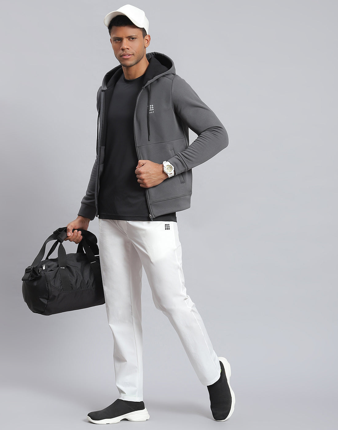 Rock.it Men Grey Solid Hooded Full Sleeve Sweatshirt