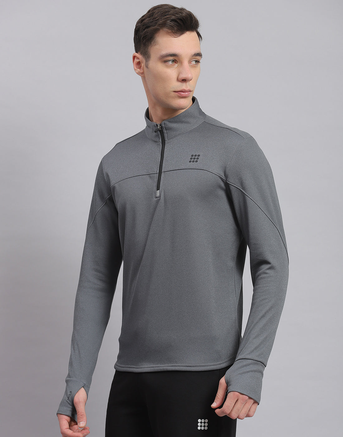 Rock.it Men Grey Solid Stand Collar Full Sleeve Sweatshirt