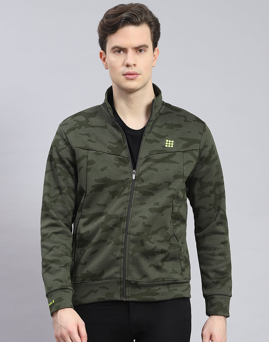 Rock.it Men Olive Printed Stand Collar Full Sleeve Sweatshirt