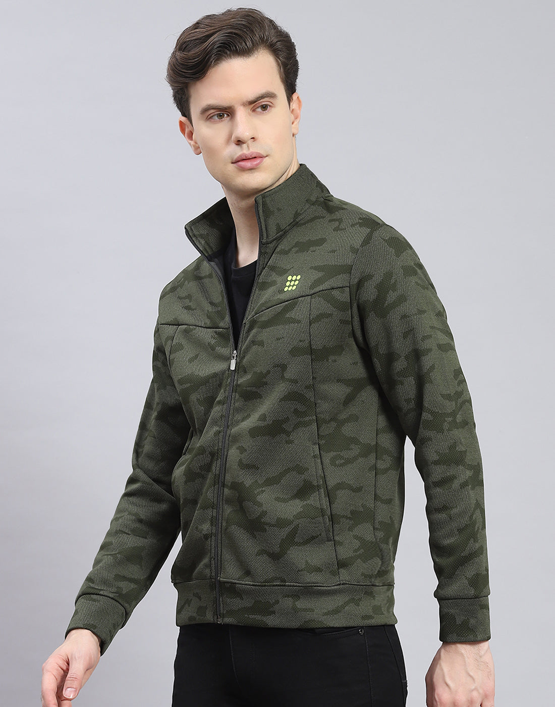 Rock.it Men Olive Printed Stand Collar Full Sleeve Sweatshirt