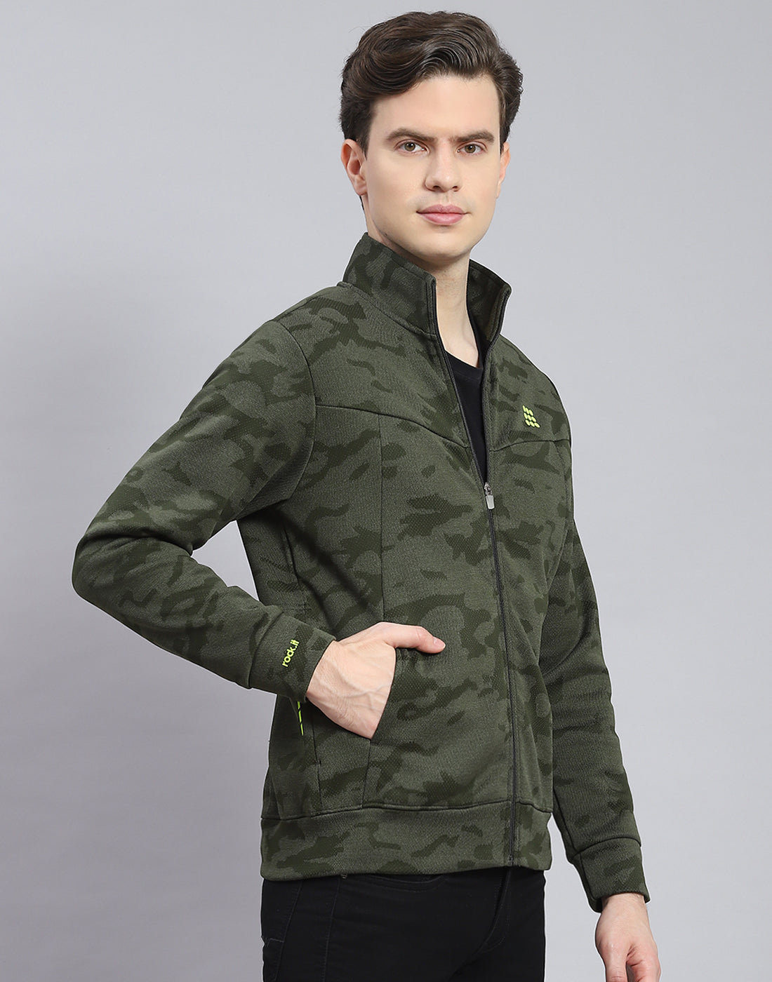 Rock.it Men Olive Printed Stand Collar Full Sleeve Sweatshirt