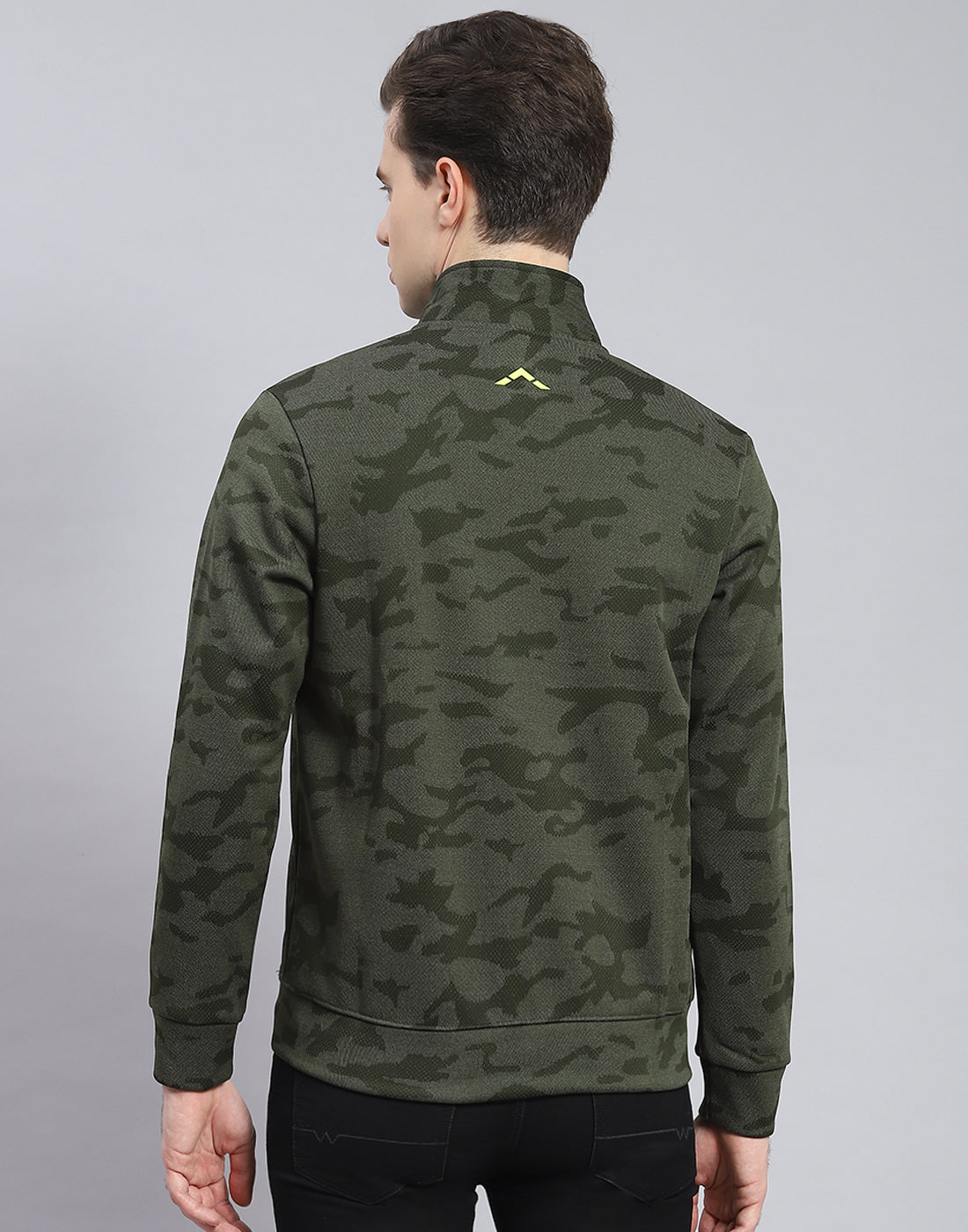 Rock.it Men Olive Printed Stand Collar Full Sleeve Sweatshirt