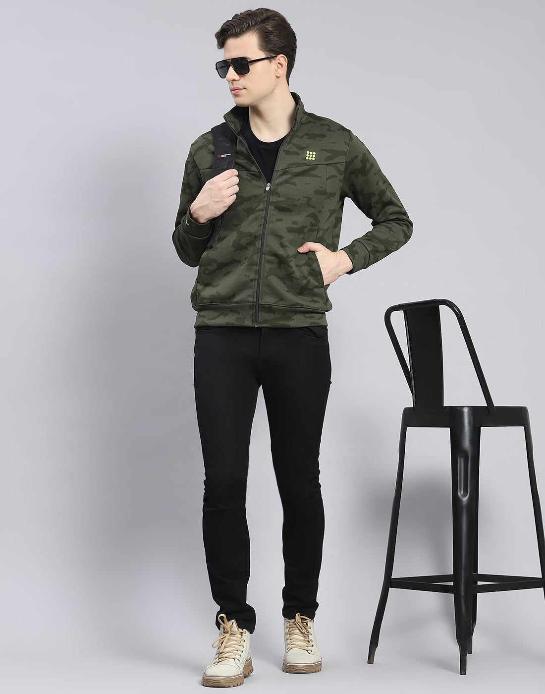 Rock.it Men Olive Printed Stand Collar Full Sleeve Sweatshirt