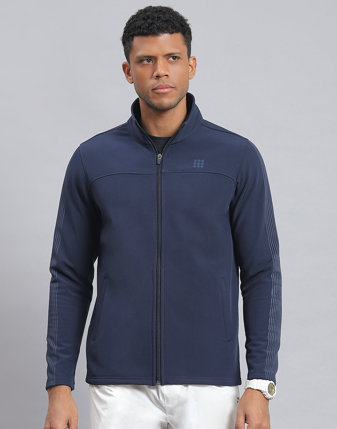 Rock.it Men Navy Blue Printed Stand Collar Full Sleeve Sweatshirt