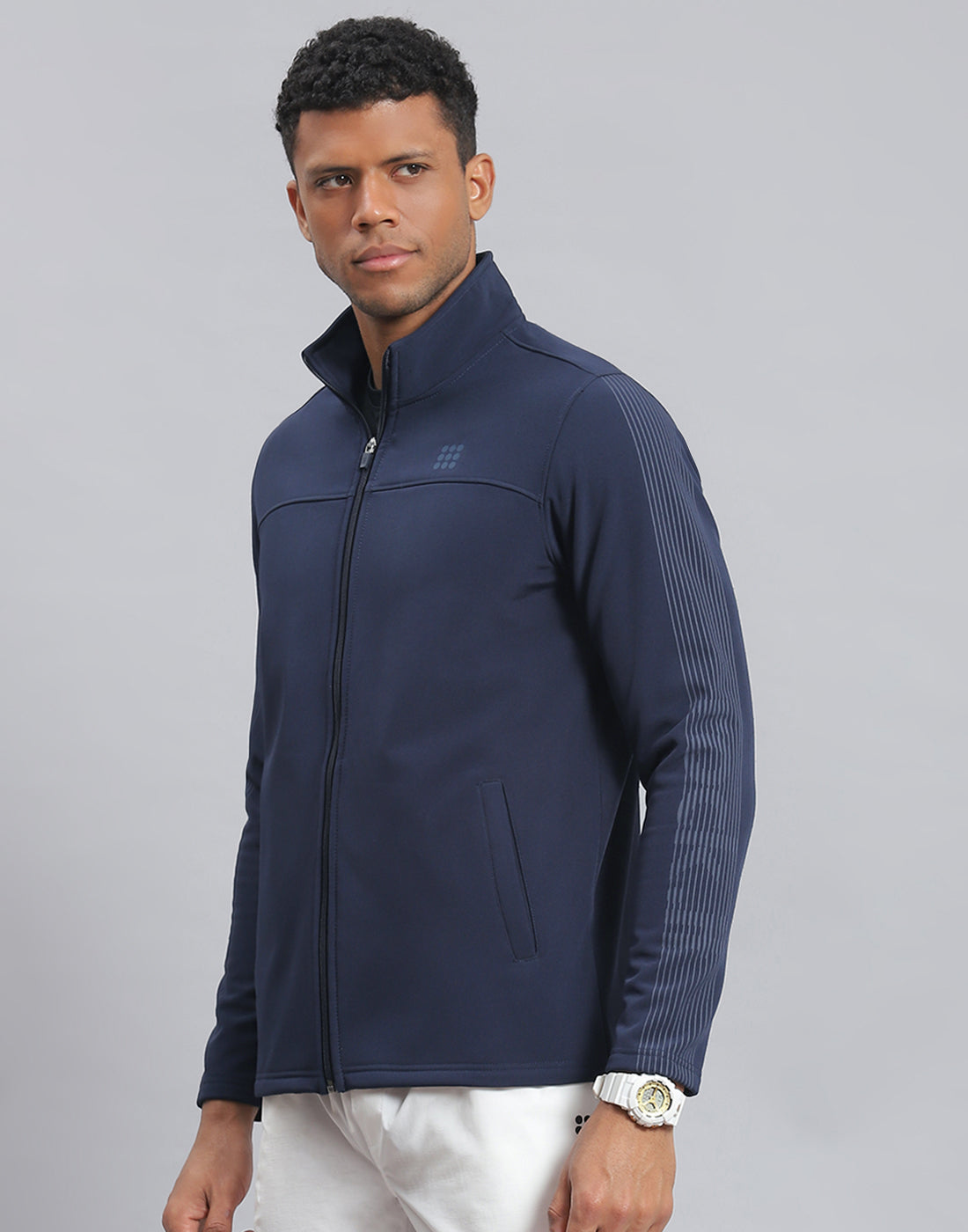 Rock.it Men Navy Blue Printed Stand Collar Full Sleeve Sweatshirt