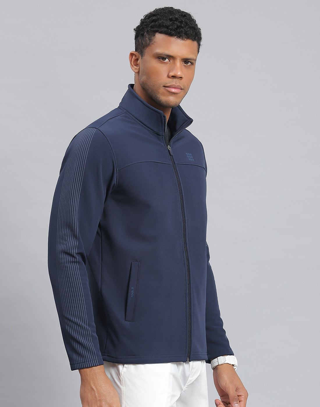 Rock.it Men Navy Blue Printed Stand Collar Full Sleeve Sweatshirt