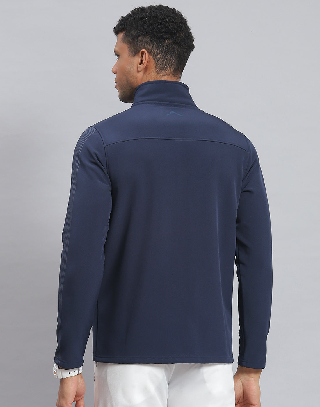 Men Navy Blue Printed Stand Collar Full Sleeve Sweatshirt