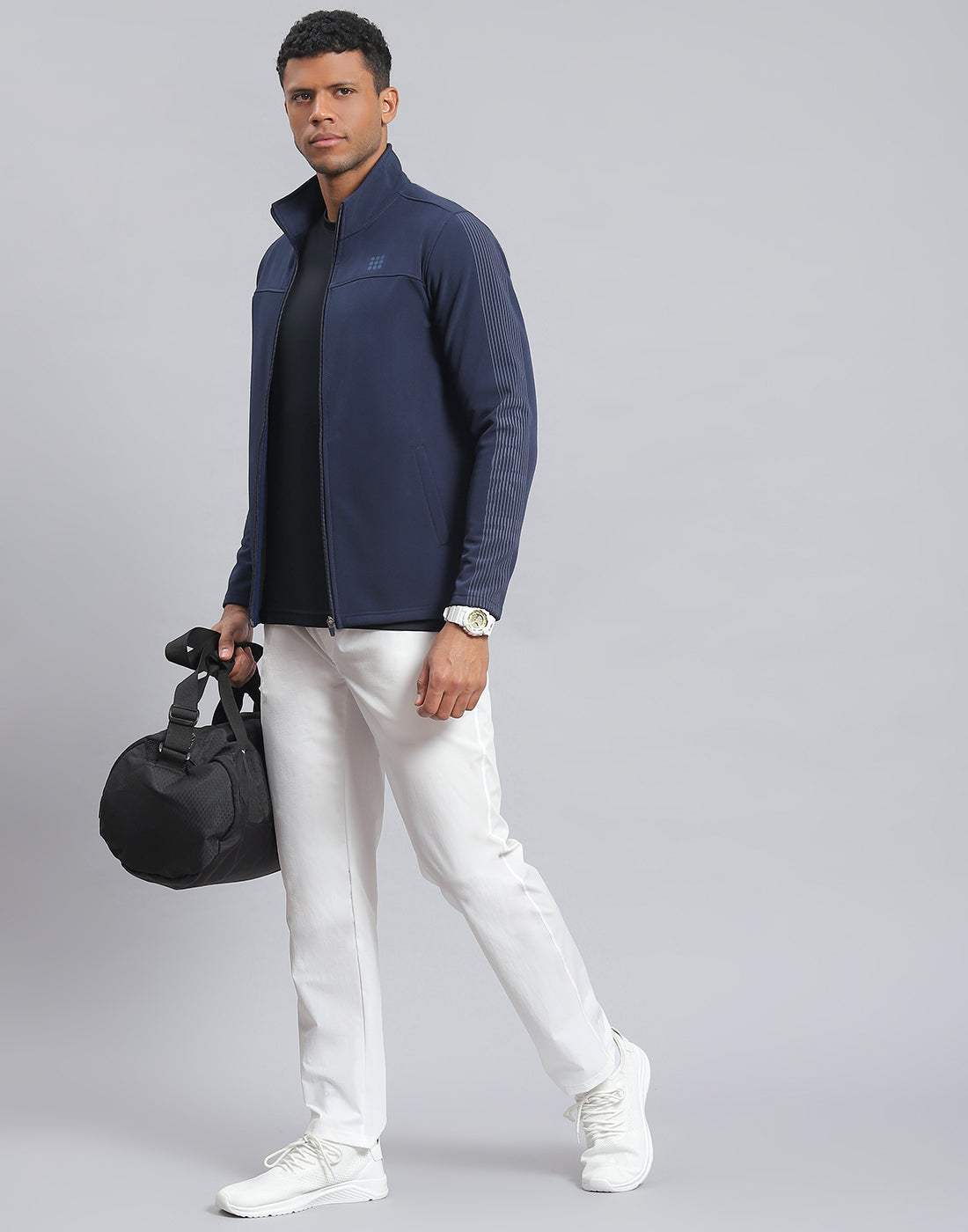 Rock.it Men Navy Blue Printed Stand Collar Full Sleeve Sweatshirt