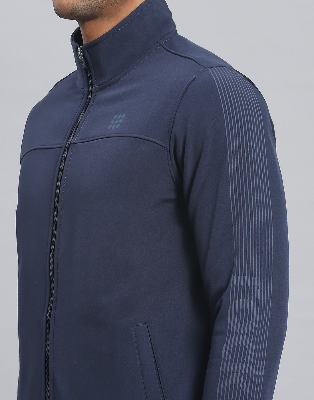 Rock.it Men Navy Blue Printed Stand Collar Full Sleeve Sweatshirt