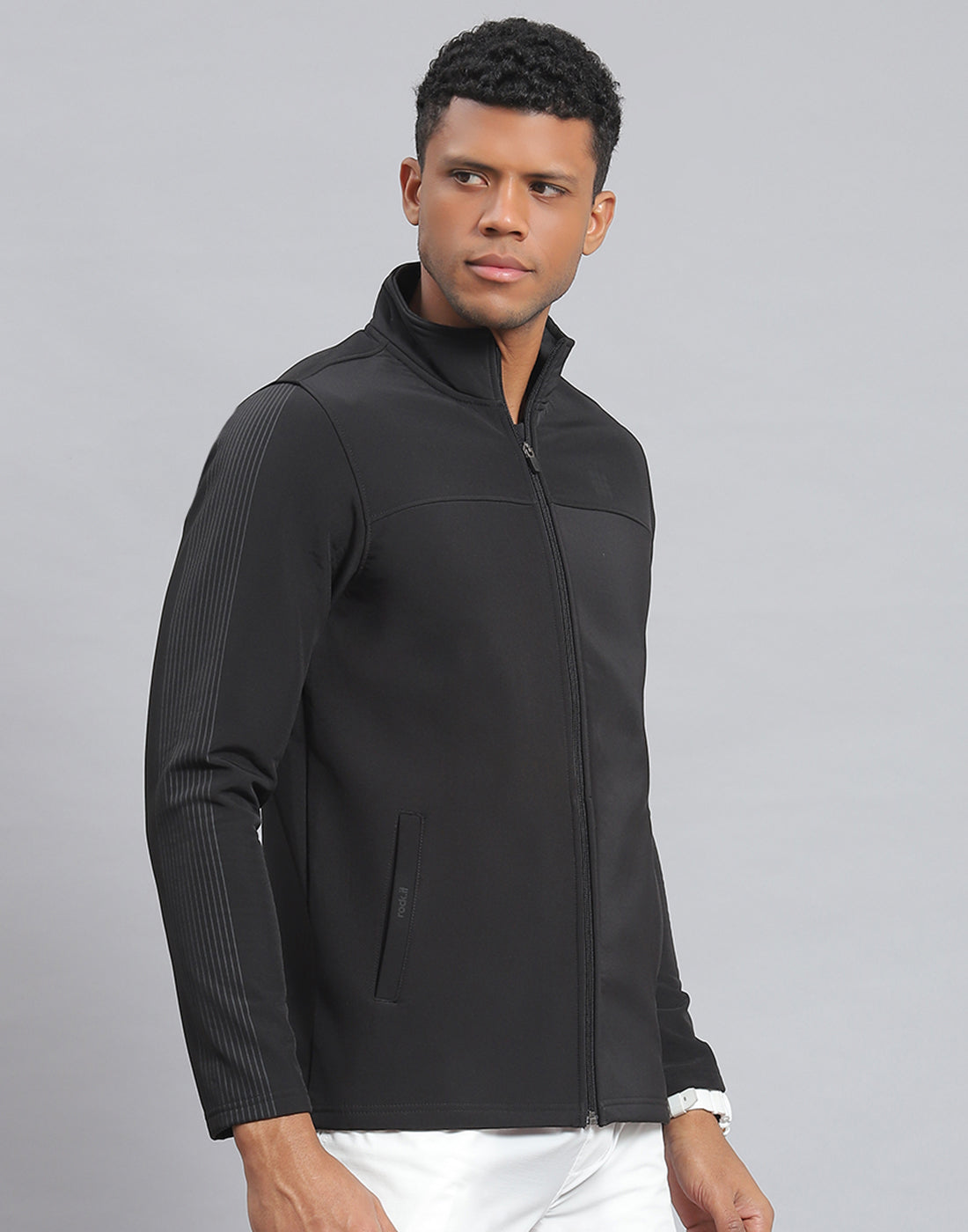 Men Black Printed Stand Collar Full Sleeve Sweatshirt