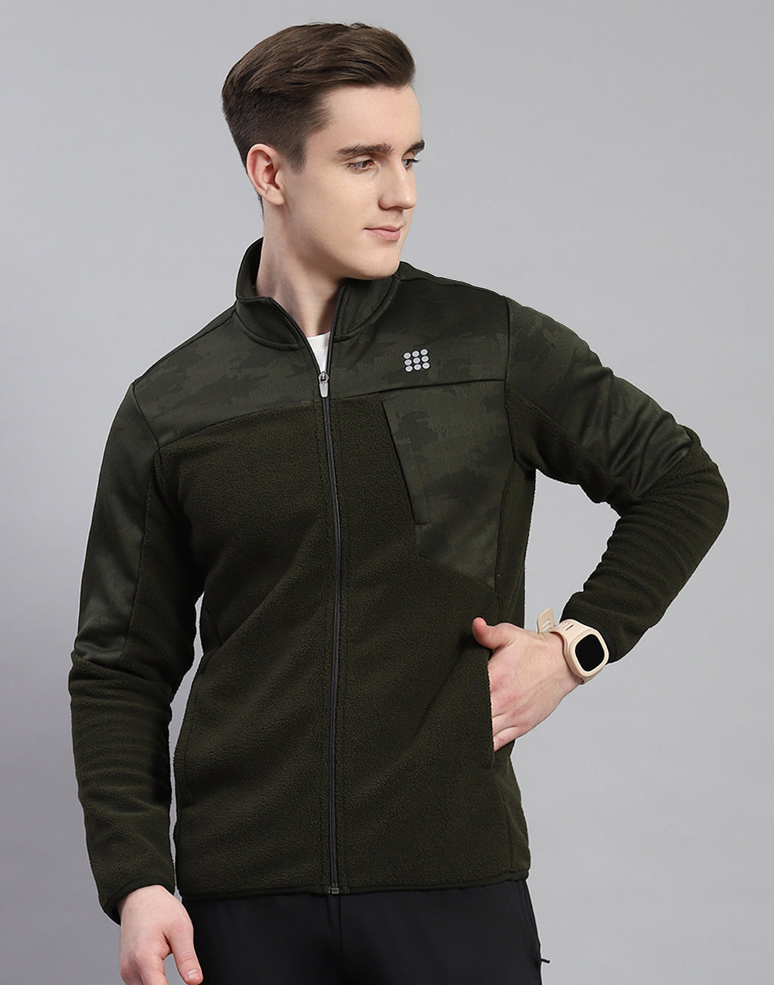 Rock.it Men Olive Self Design Stand Collar Full Sleeve Sweatshirt