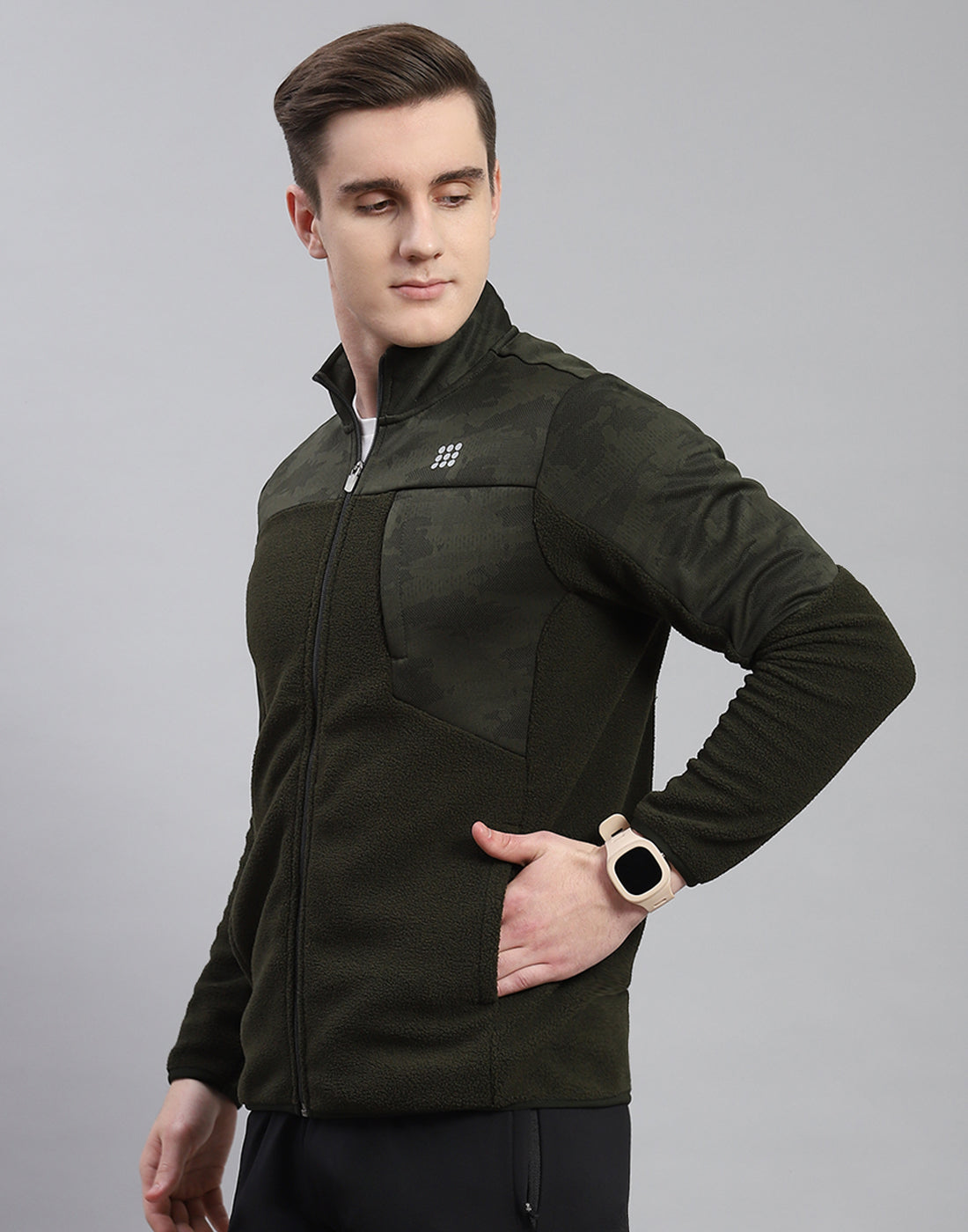 Rock.it Men Olive Self Design Stand Collar Full Sleeve Sweatshirt