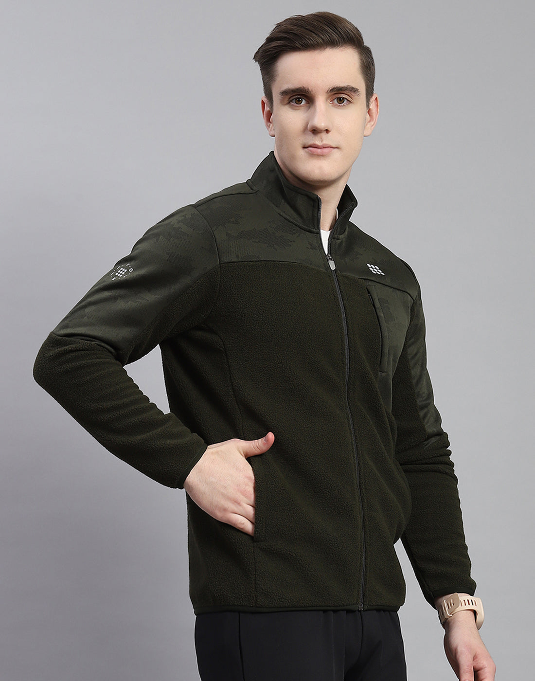 Rock.it Men Olive Self Design Stand Collar Full Sleeve Sweatshirt