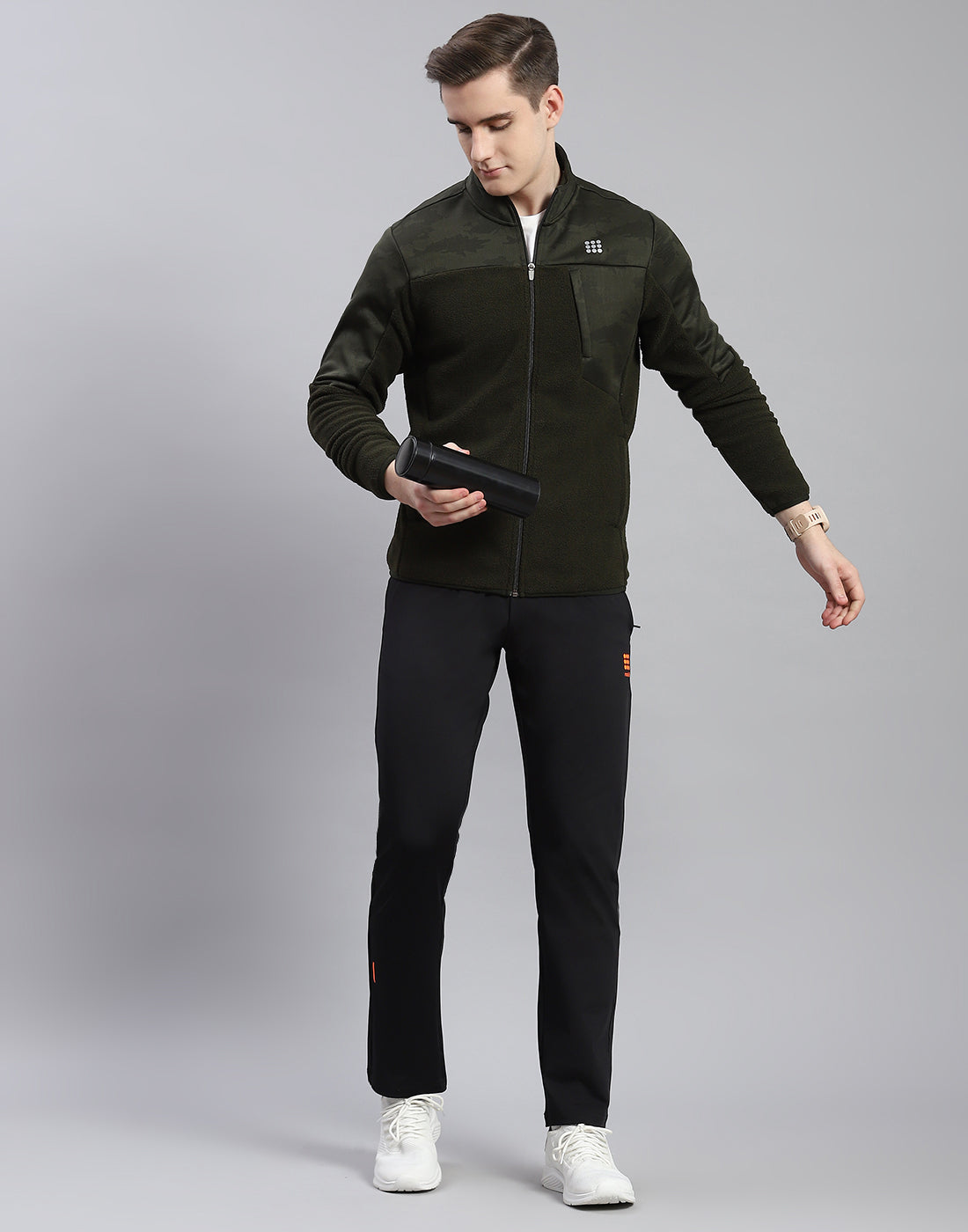 Men Olive Self Design Stand Collar Full Sleeve Sweatshirt