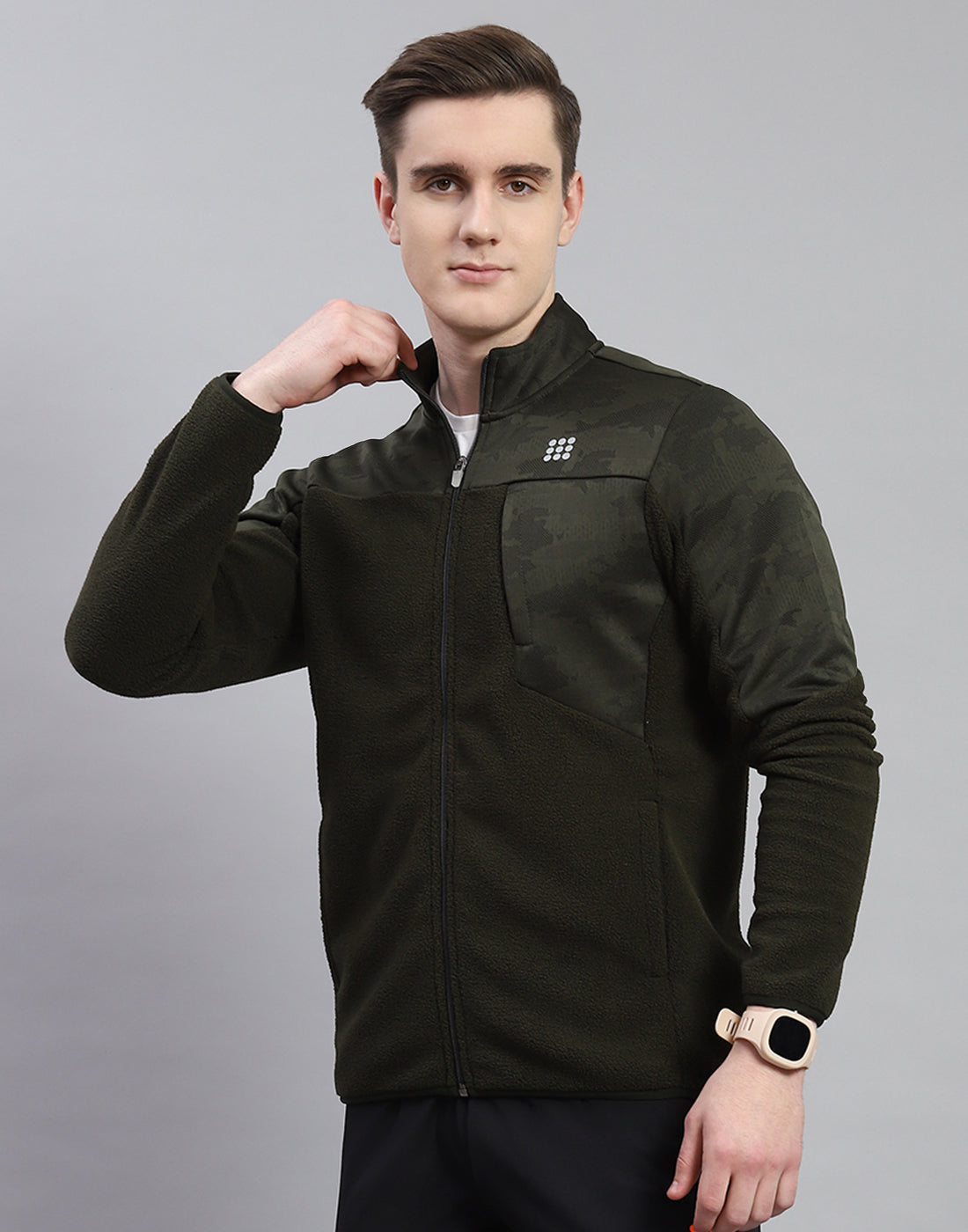Rock.it Men Olive Self Design Stand Collar Full Sleeve Sweatshirt