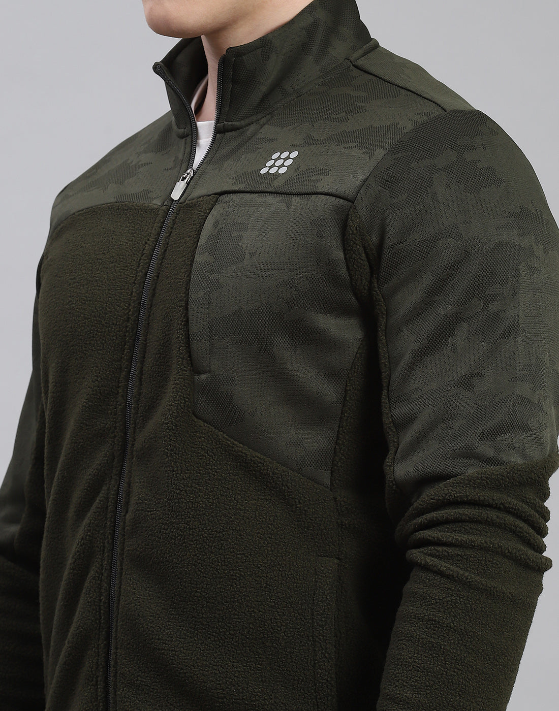 Rock.it Men Olive Self Design Stand Collar Full Sleeve Sweatshirt