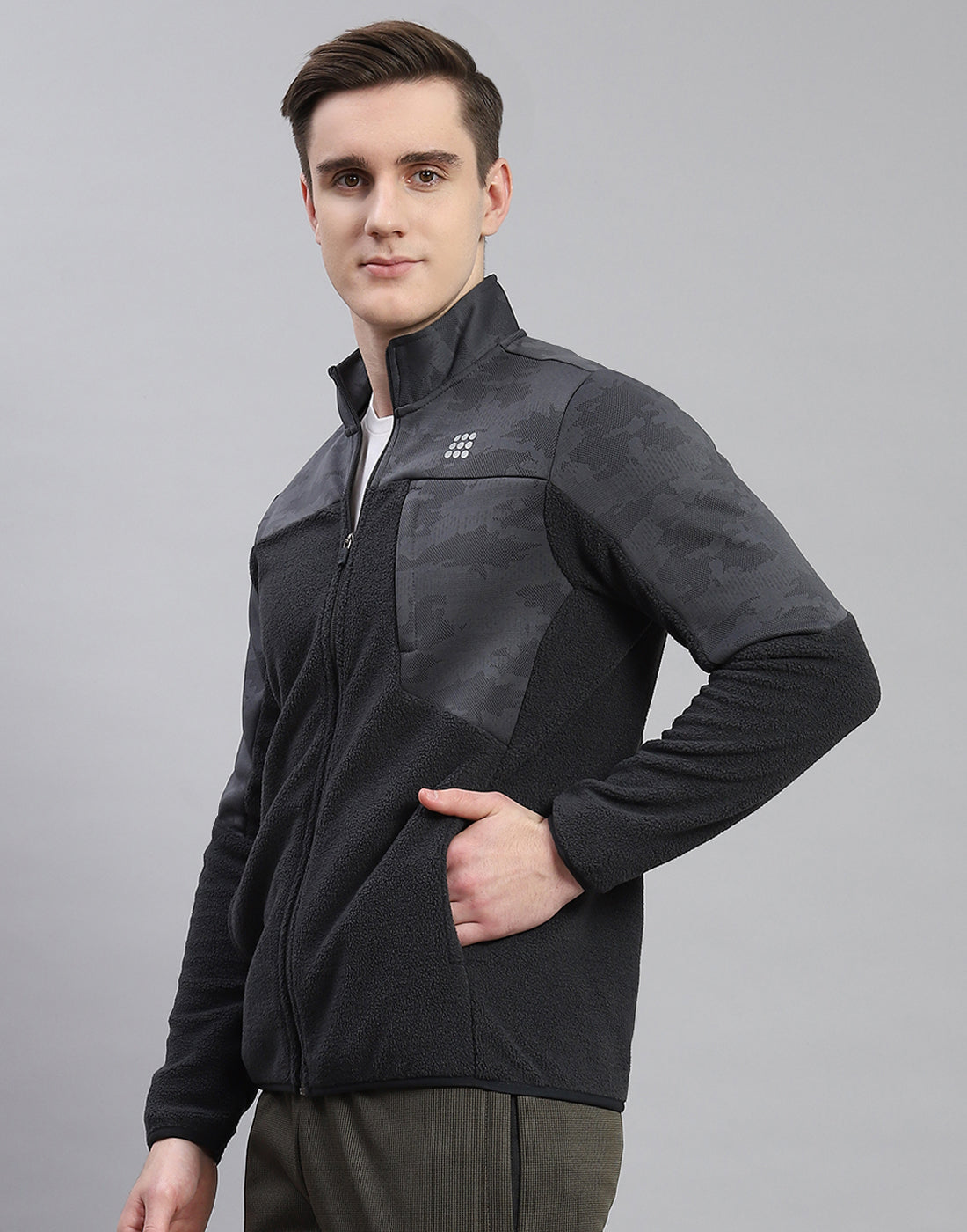 Rock.it Men Grey Self Design Stand Collar Full Sleeve Sweatshirt