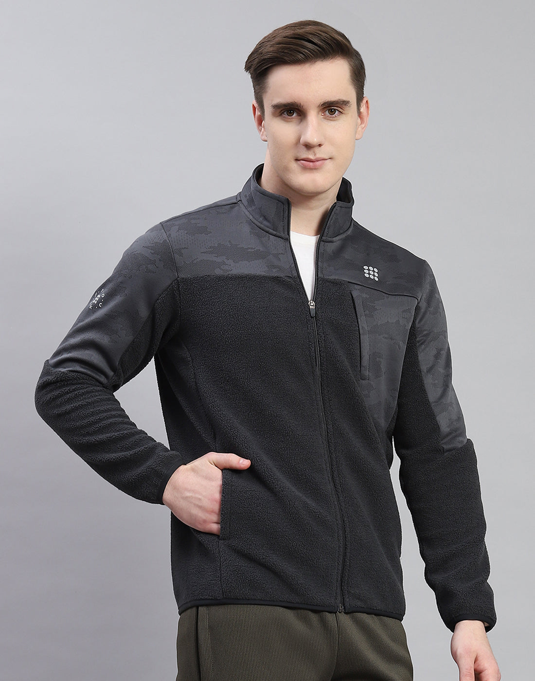 Men Grey Self Design Stand Collar Full Sleeve Sweatshirt