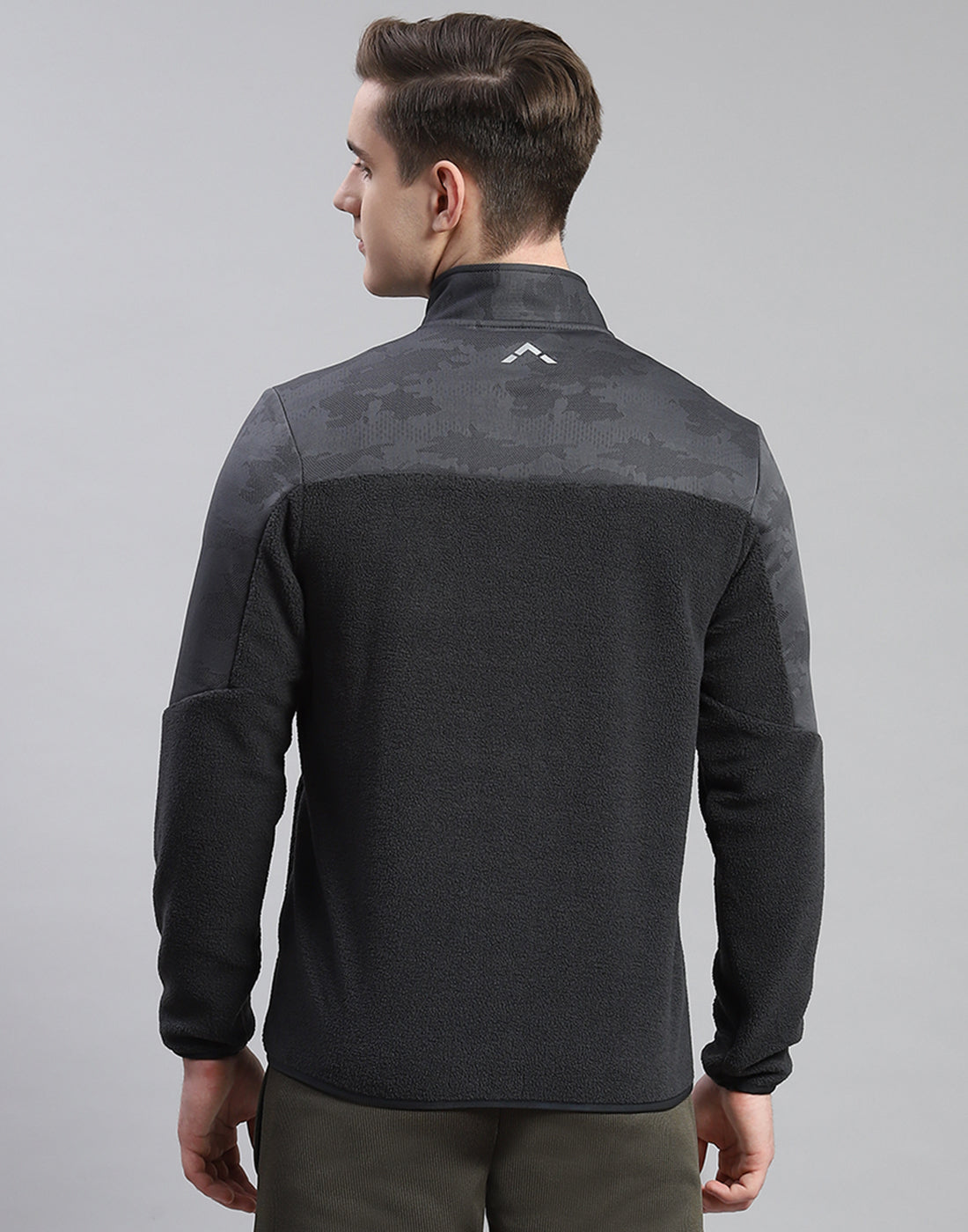 Men Grey Self Design Stand Collar Full Sleeve Sweatshirt