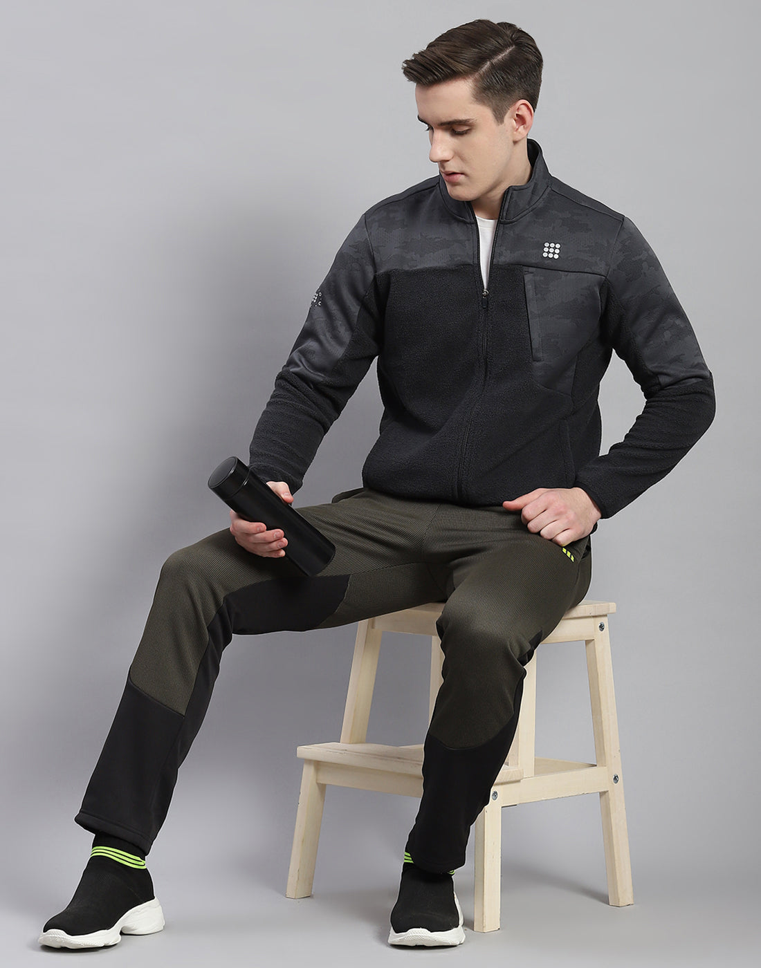 Rock.it Men Grey Self Design Stand Collar Full Sleeve Sweatshirt