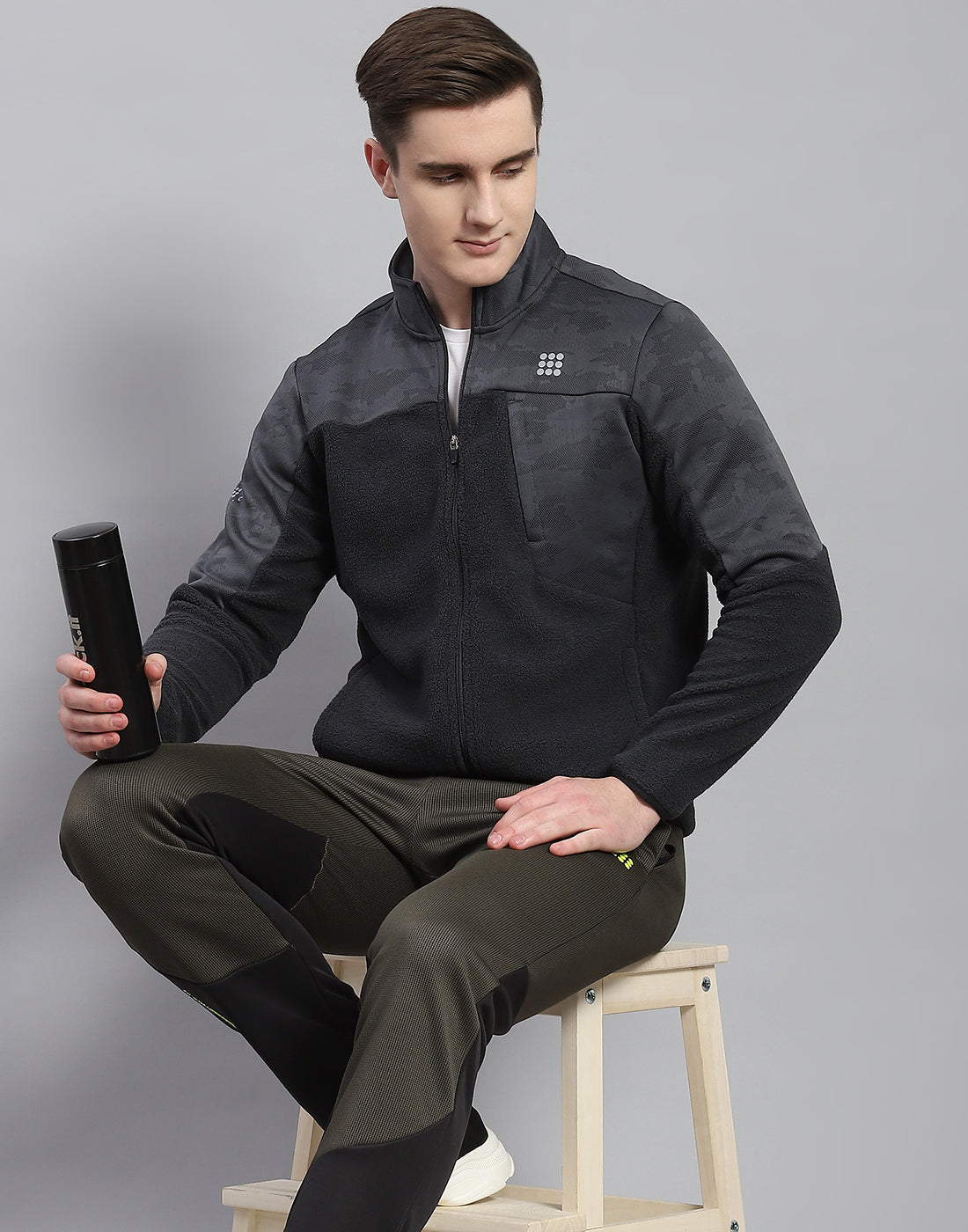 Rock.it Men Grey Self Design Stand Collar Full Sleeve Sweatshirt