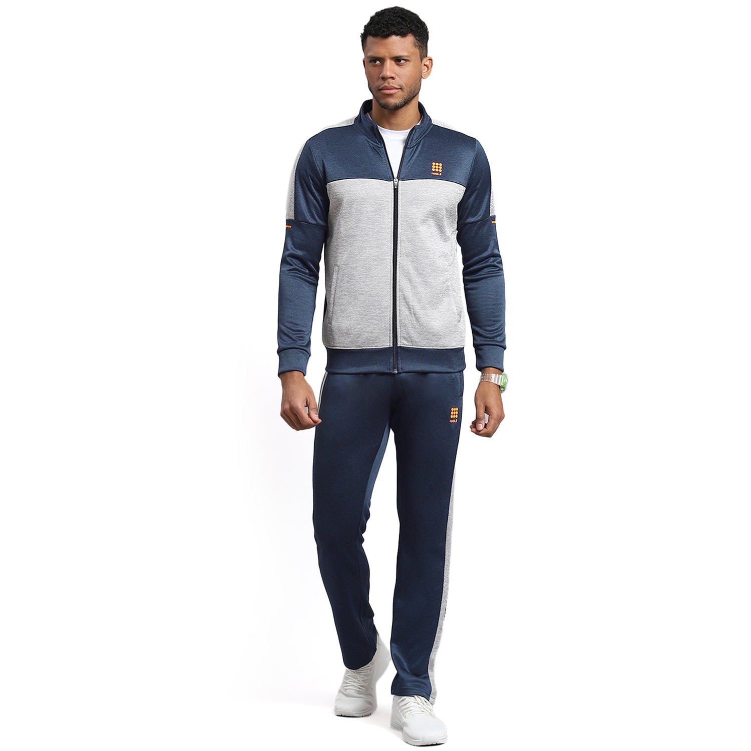Men Navy Blue Solid Stand Collar Full Sleeve Tracksuit
