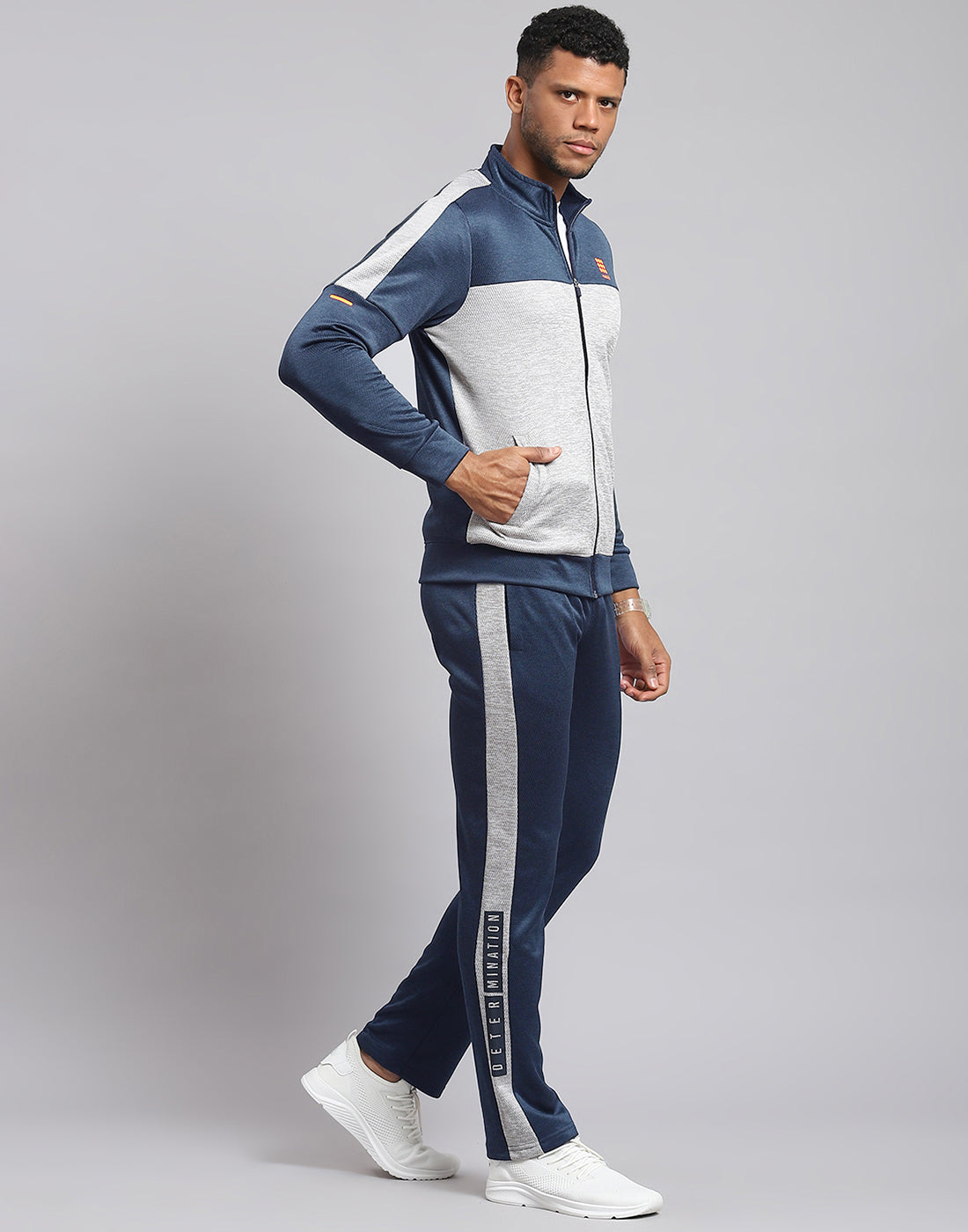 Men Navy Blue Solid Stand Collar Full Sleeve Tracksuit